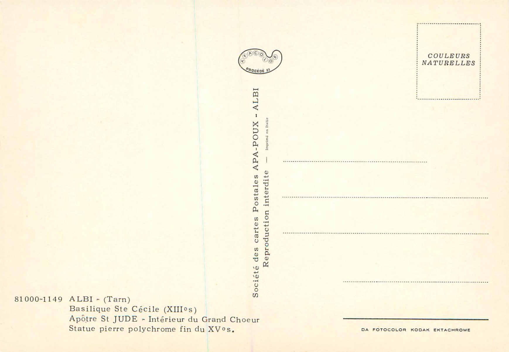 Apostel St JUDE — Basilika Ste Cécile — ALBI (Tarn) — Société des cartes Postales APA-POUX — Rückseite