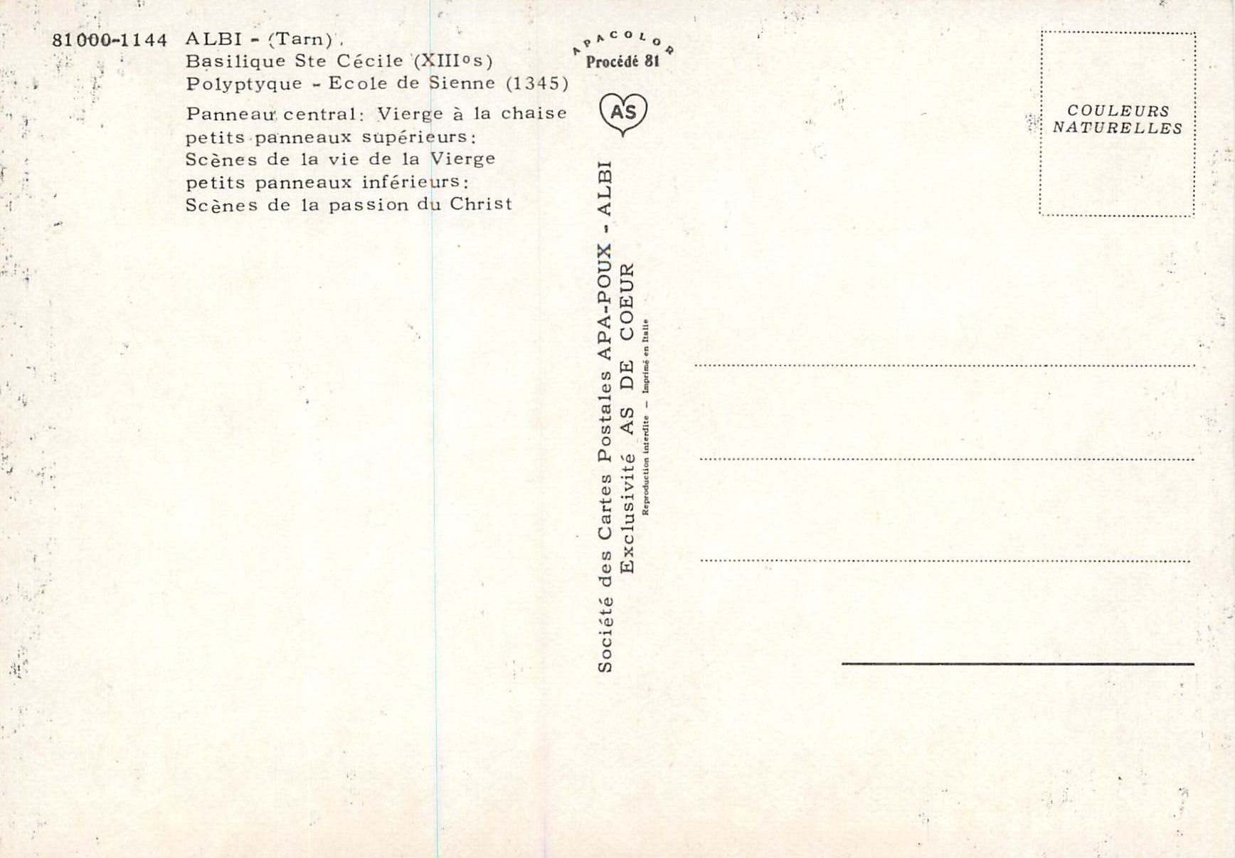 Basilique Sainte-Cécile — Polyptyque de l'école de Sienne (1345) — Société des Cartes Postales APA-POUX — Rückseite