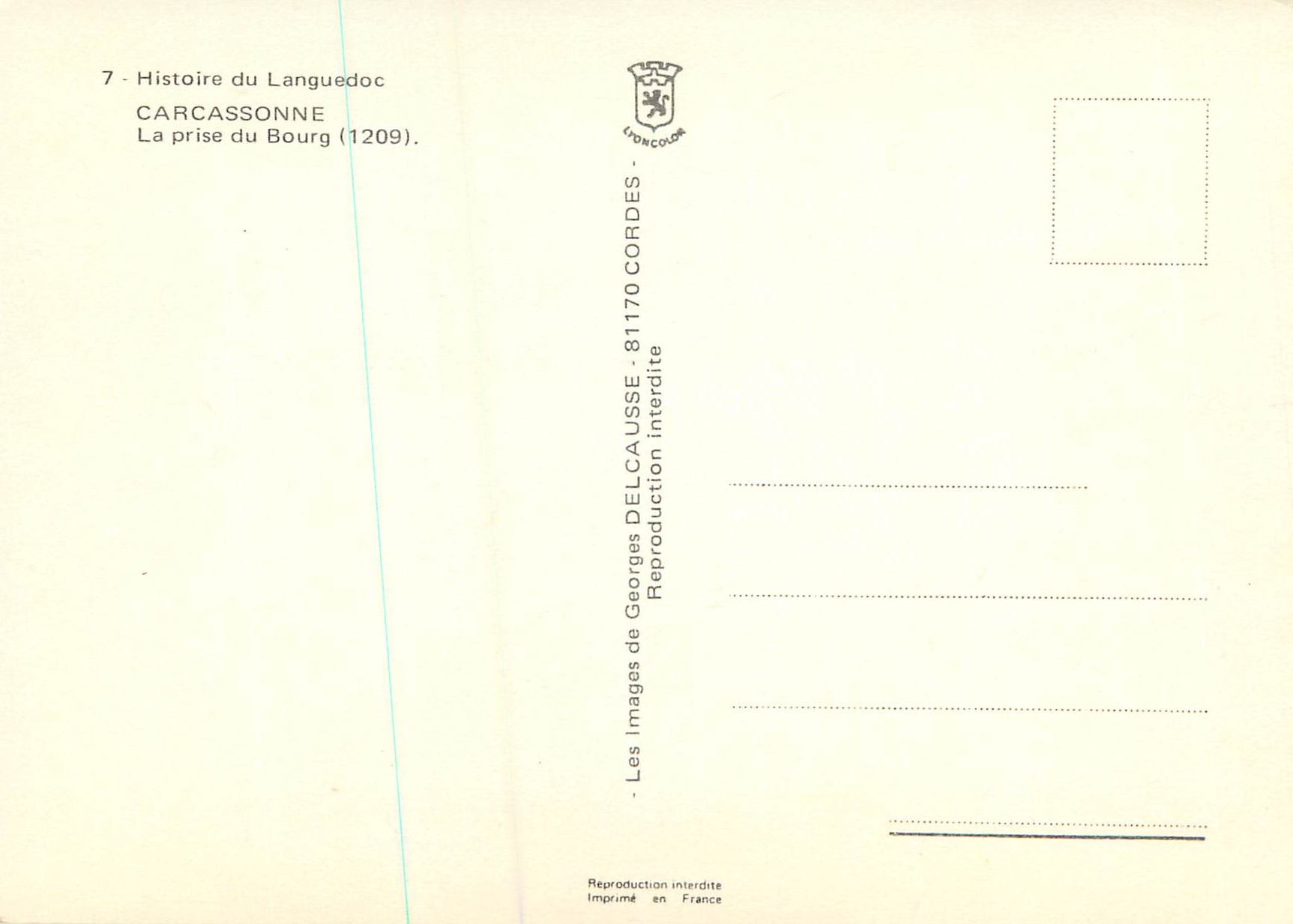 CPM Carcassonne la Prise du Bourg Histoire du Languedoc — Verso
