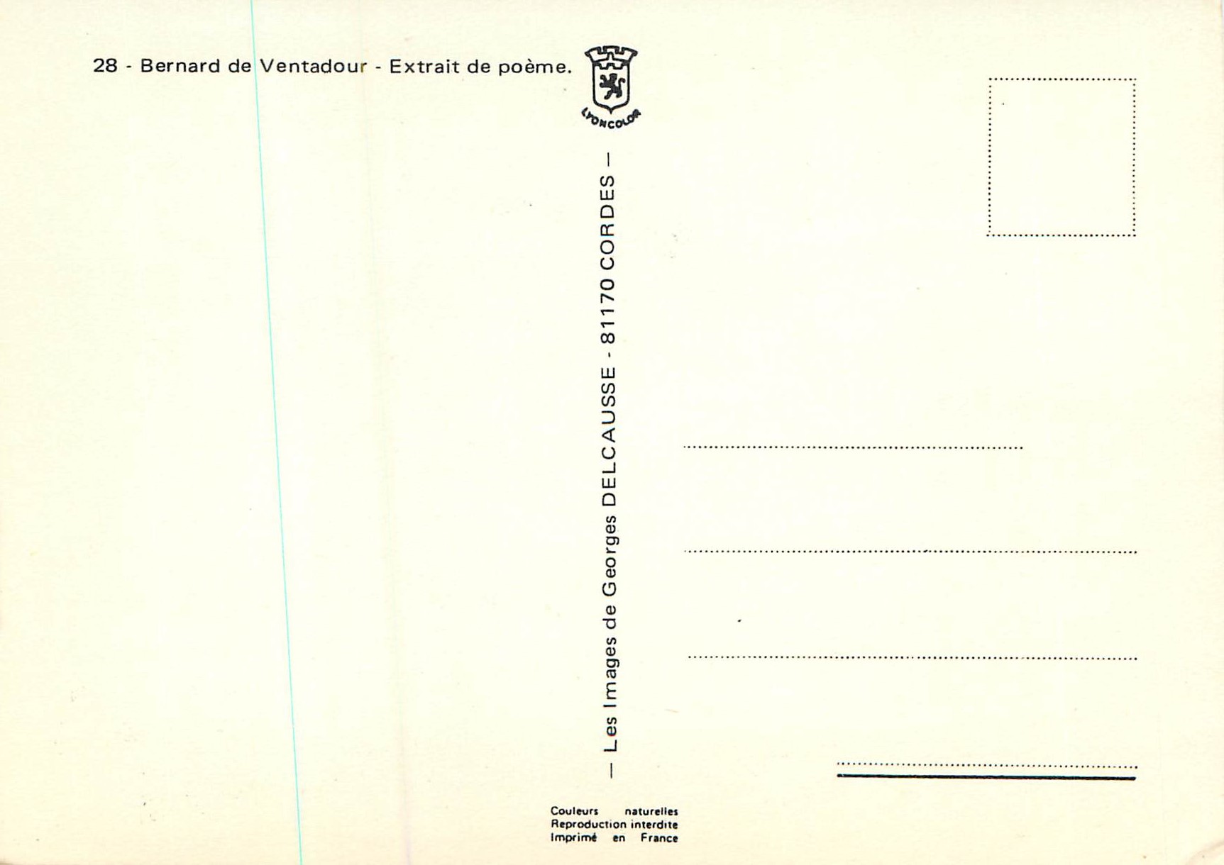 CPM Bernard de Ventadour Extrait de Poeme — Verso