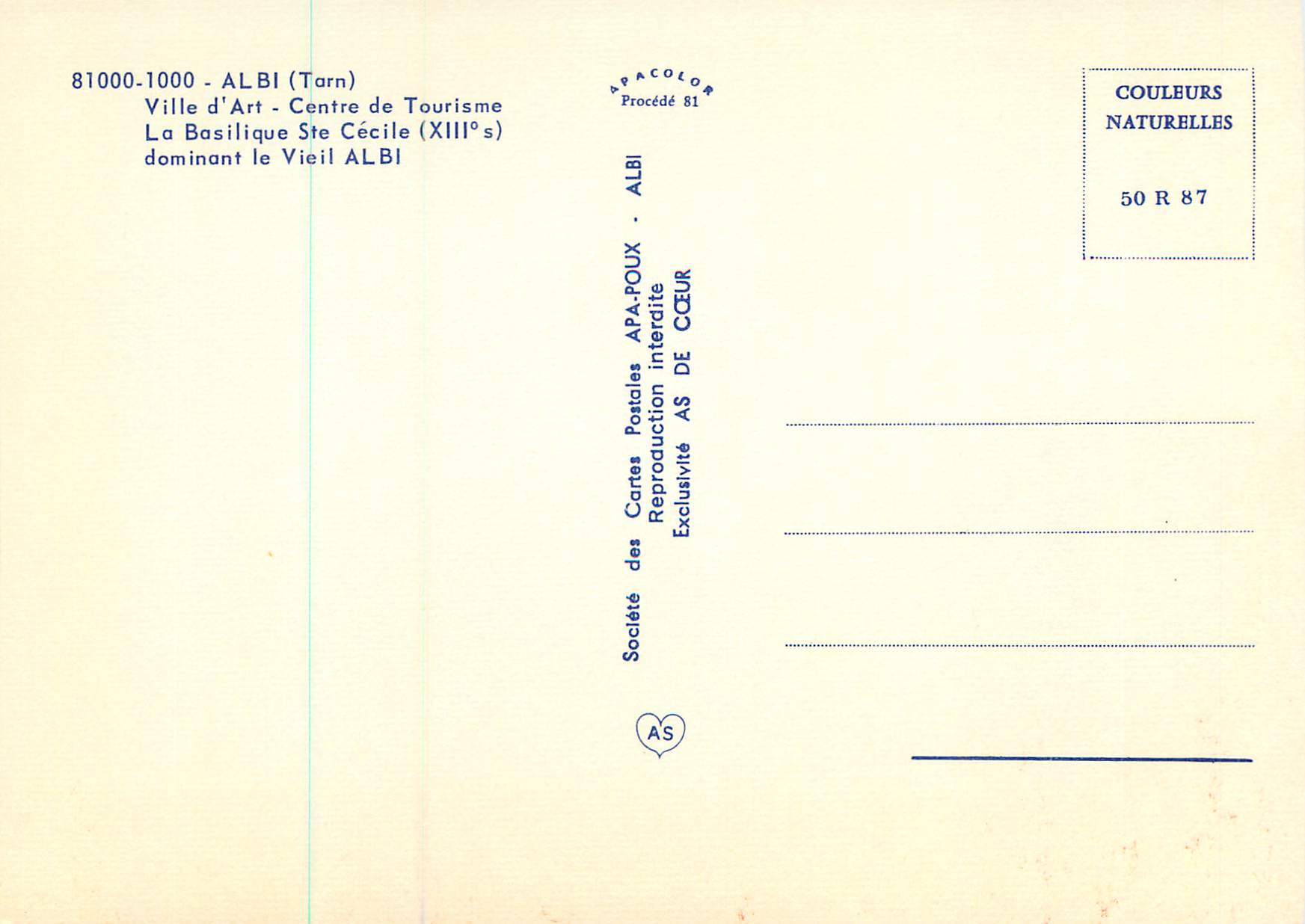 Albi — La Basilique Sainte-Cécile dominant le Vieil Albi — Société des Cartes Postales APA-POUX — Verso