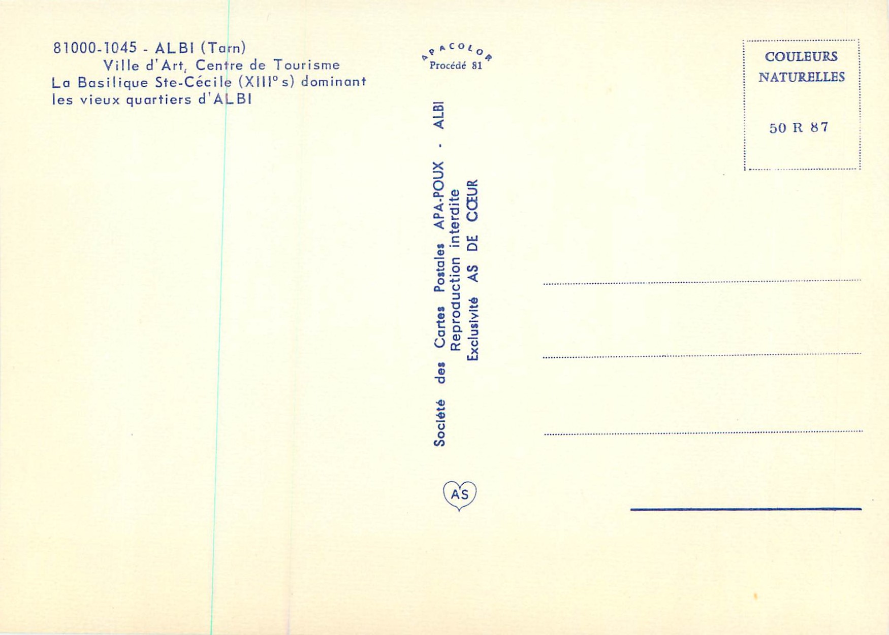Basilique Sainte-Cécile — Albi (Tarn) — Société des Cartes Postales APA-POUX — Rückseite