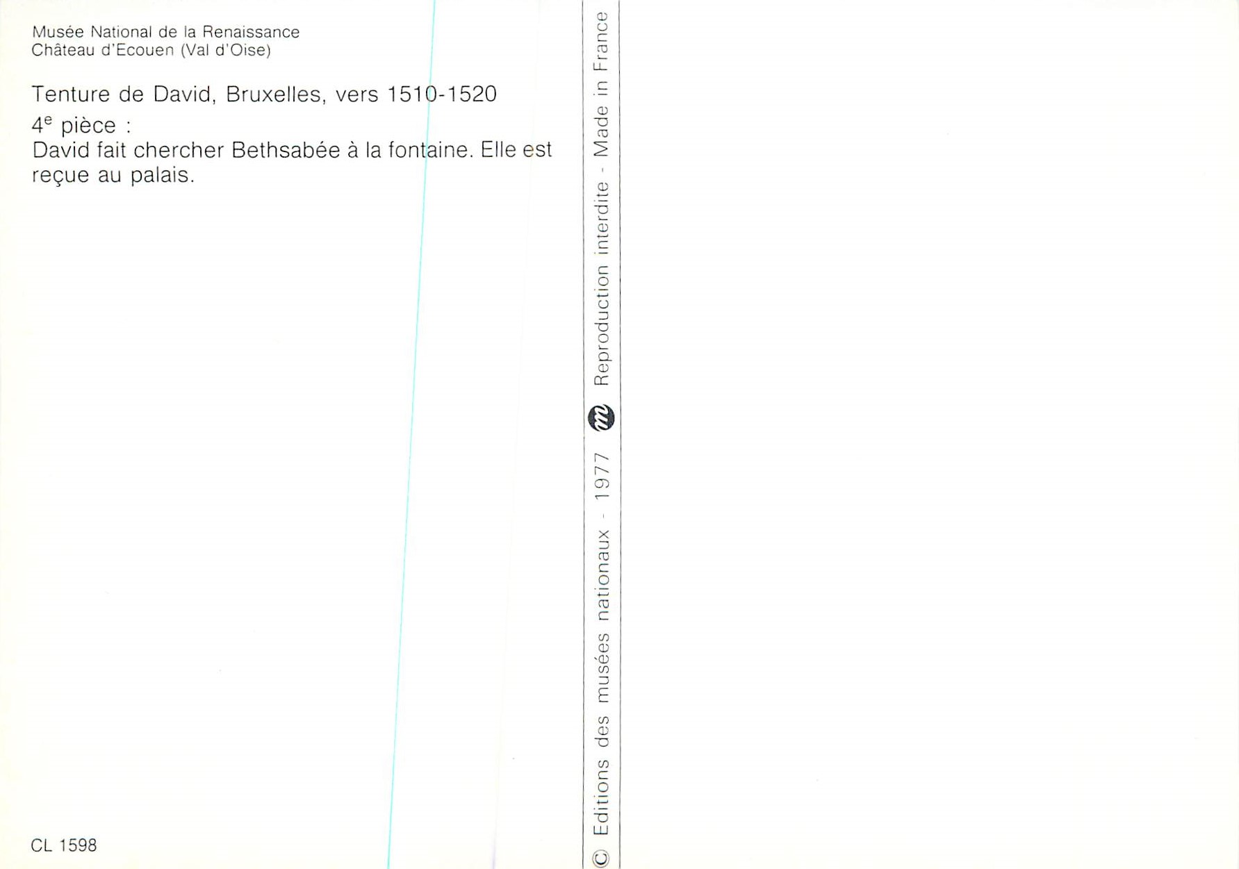 Tenture de David cherchant Betsabée à la fontaine — Musée National de la Renaissance, Château d'Écouen — Éditions des musées nationaux, 1977 — Verso