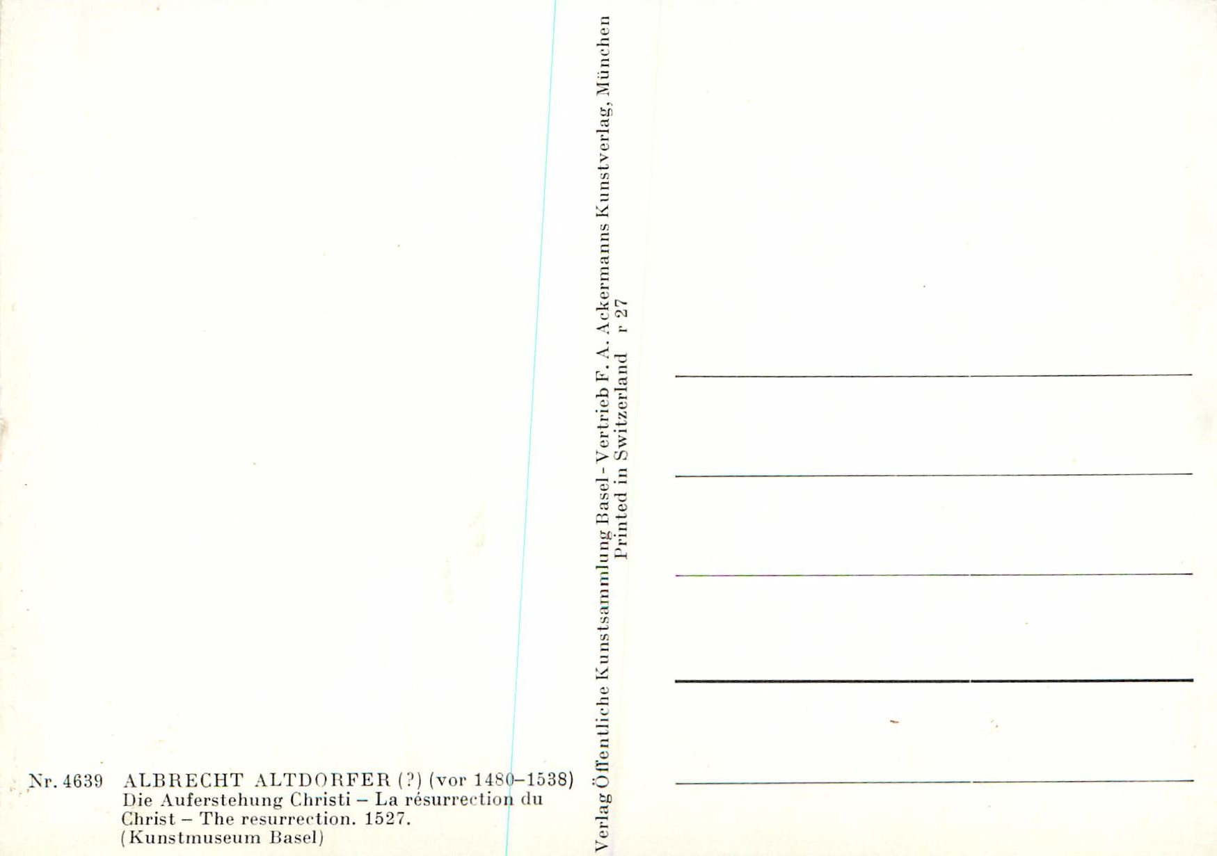La Résurrection du Christ — Albrecth Altdorfer († 1538) — Verlag F.A. Ackermann, Basel — Verso