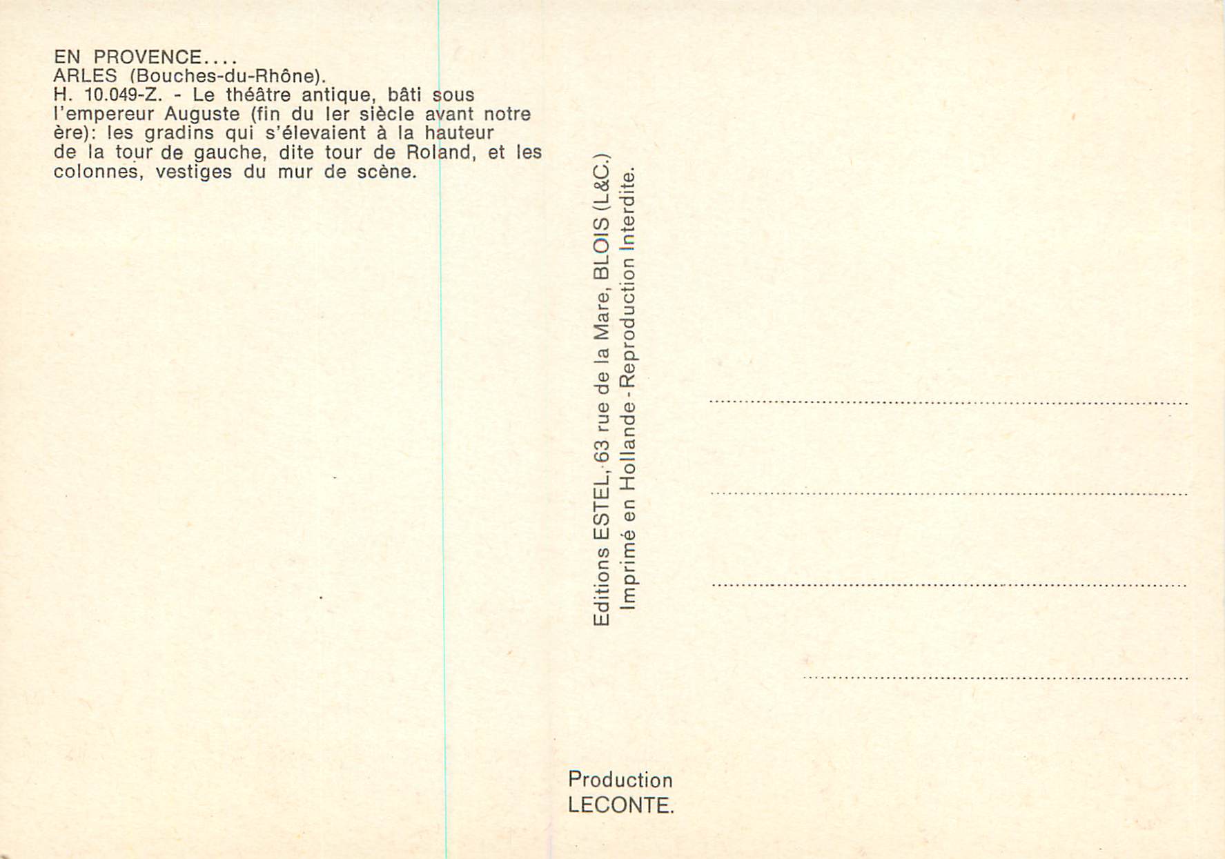 Arles — Théâtre antique — Éditeur Estel, n° H.10.049-Z — Achterkant