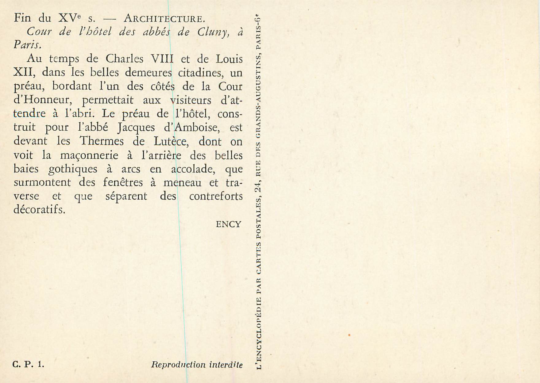 CPM Paris Hotel parisien des abbes de Cluny Fin du XVe s Architecture Au temps de Charles VIII et de Louis XII dans les  — Rückseite