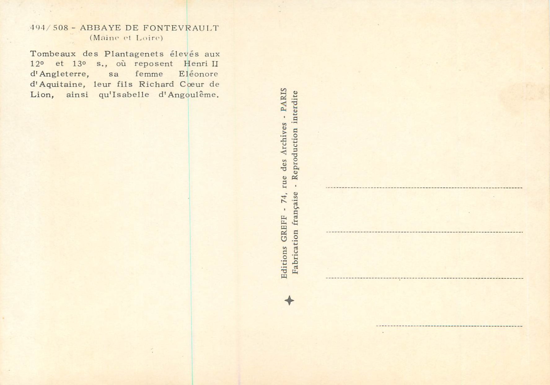 CPM Abbaye de Fontevraut (Maine et Loire) Tombeaux des Plantagonels eleves aux 12 et 13e s ou reposnent Henri II d'Angle — Back