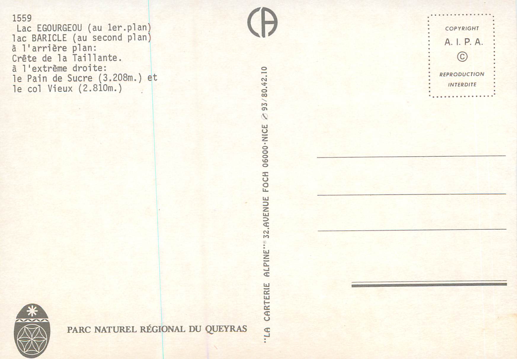 CPM Lac Egourgeou (au 1er Plan) Lac Baricle (au second plan) a l'arriere plan Crete de la Taillante a l'extreme droite L — Verso