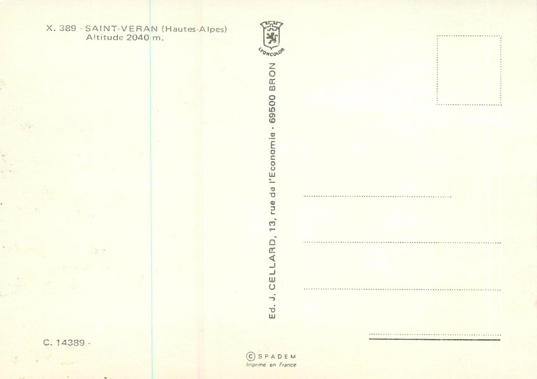 CPM Saint Veran (Hautes Alpes) — Verso
