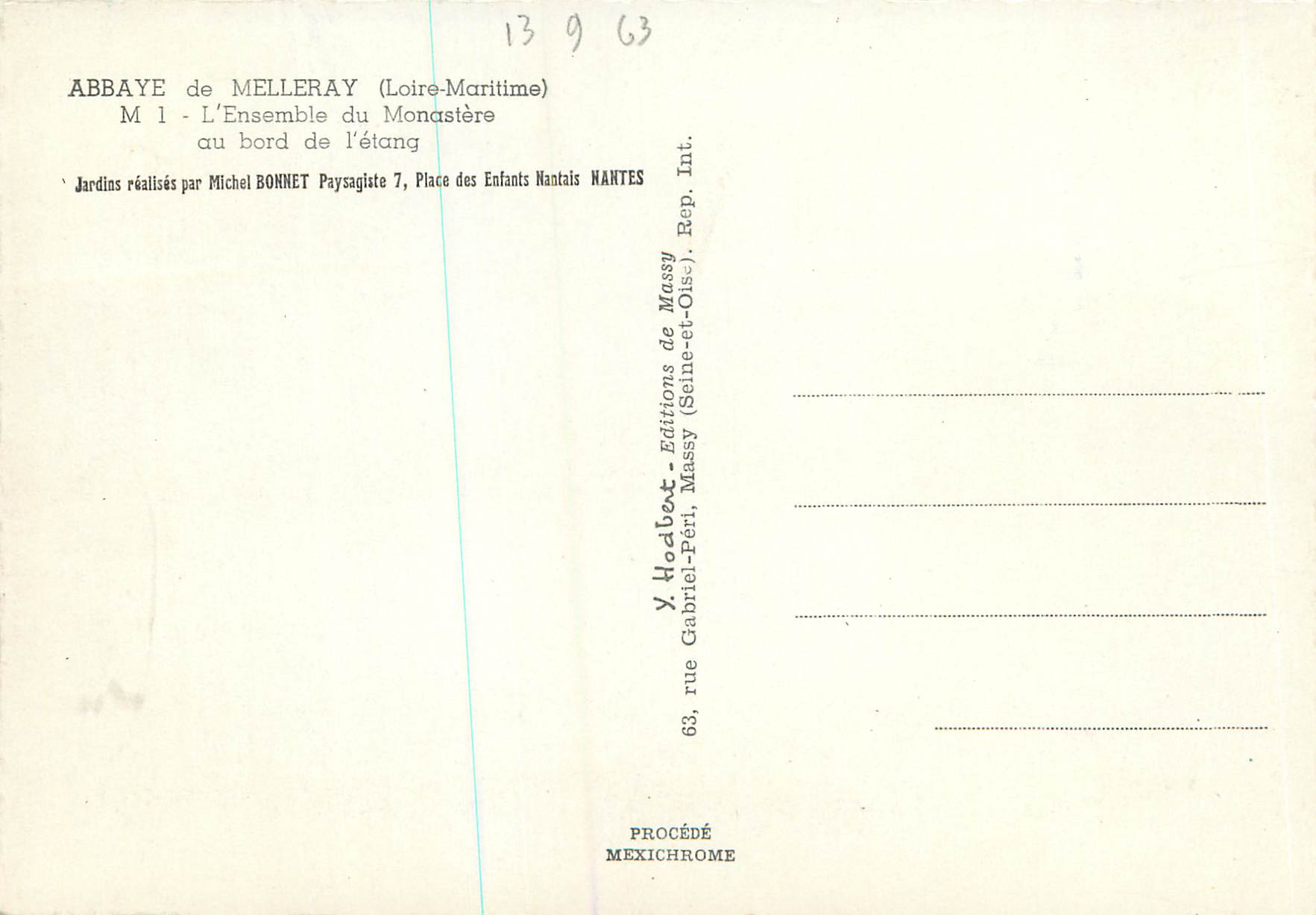 Abbaye de Melleray — L'Ensemble du Monastère au bord de l'étang — Éditions Hodobert, Massy — Rückseite