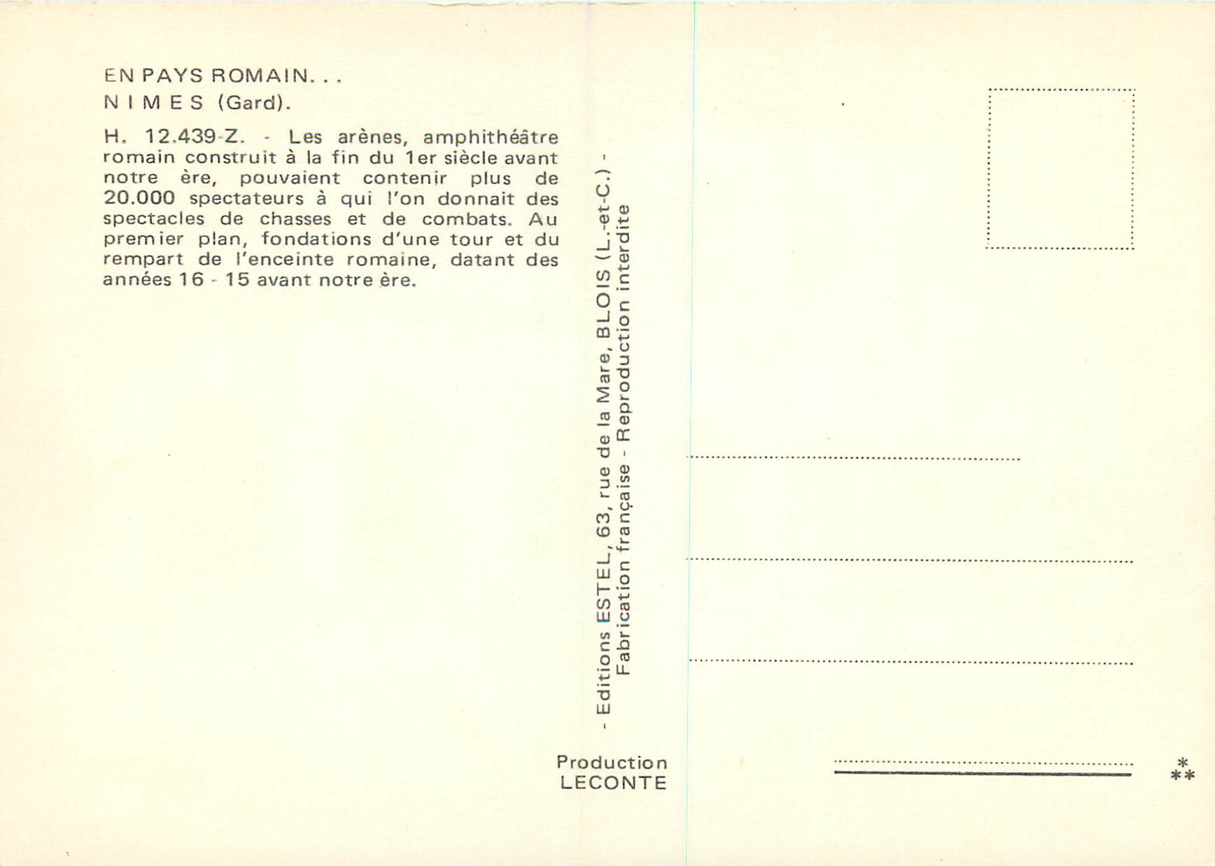 Arènes de Nîmes — amphithéâtre romain — Éditeur Estel, n° 12.439-Z — Verso