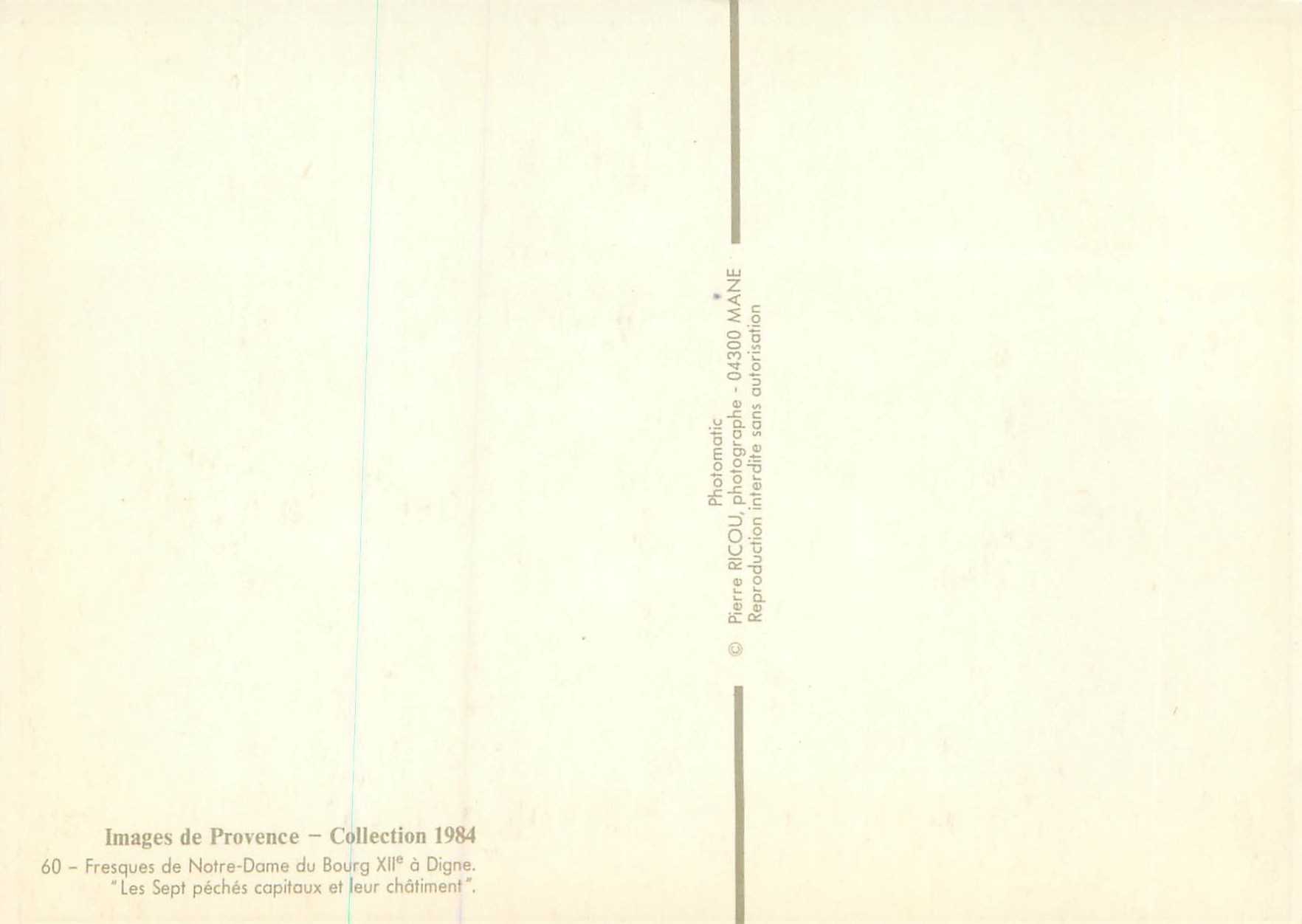 Fresques de Notre-Dame du Bourg XIIe à Digne — Les Sept péchés capitaux et leur châtiment — Pierre RICOU, Collection 1984 — Rückseite