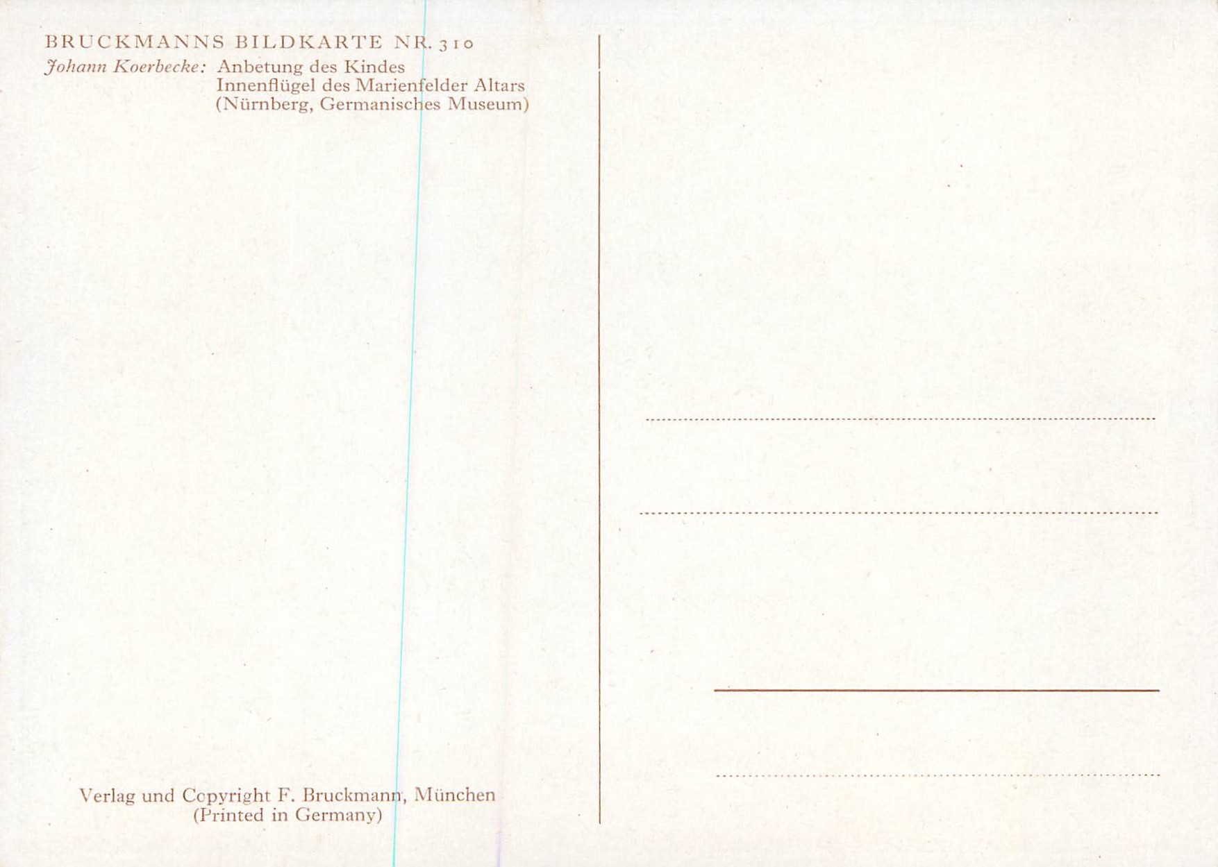 CPM Bruckmanns Bildkarte Johan Koerbecke Anbetung des Kindes Innenflugel des Marienfelder Altars (Nurnberg Germunisches  — Verso