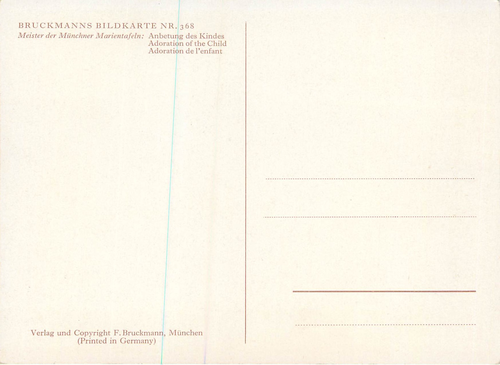 CPM Bruckmanns Bildkarte Meister der Munchner Marientafeln Adoration de l'enfant — Verso