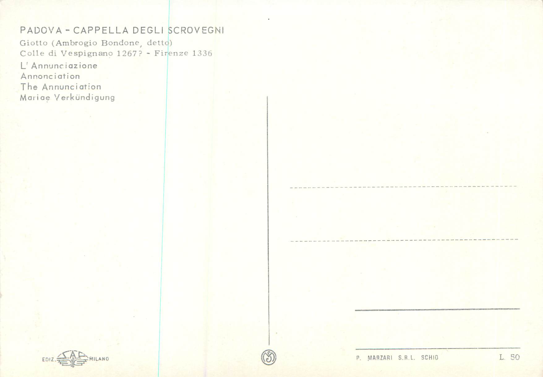 CPM Padova Cappella Degli Scrovegni Annonciation Firenze 1336 — Rückseite