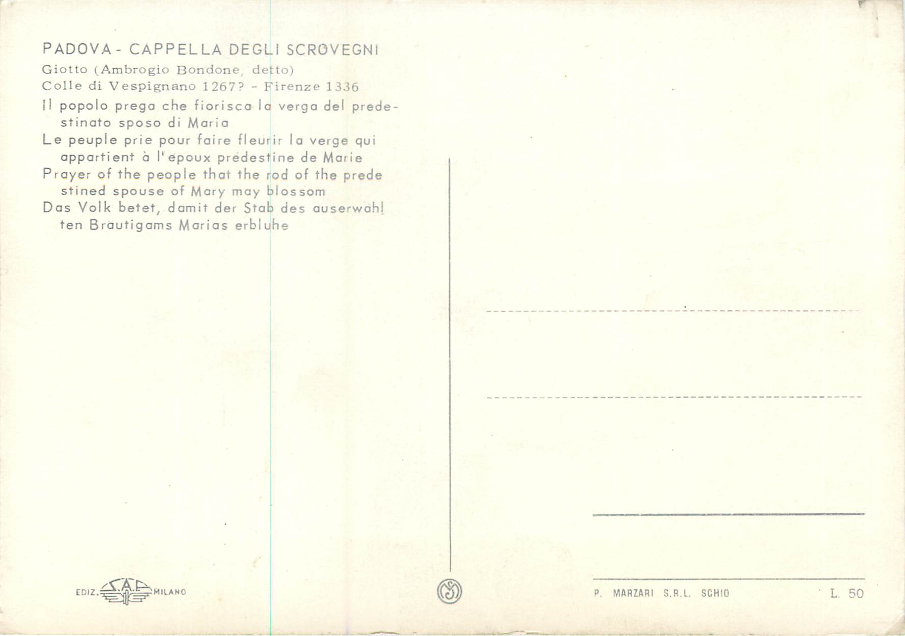 CPM Padova Cappella Degli Scrovegni Le peuple prie pour faire fleurir la verge qui appartient a l'epoux predestine de Ma — Rückseite