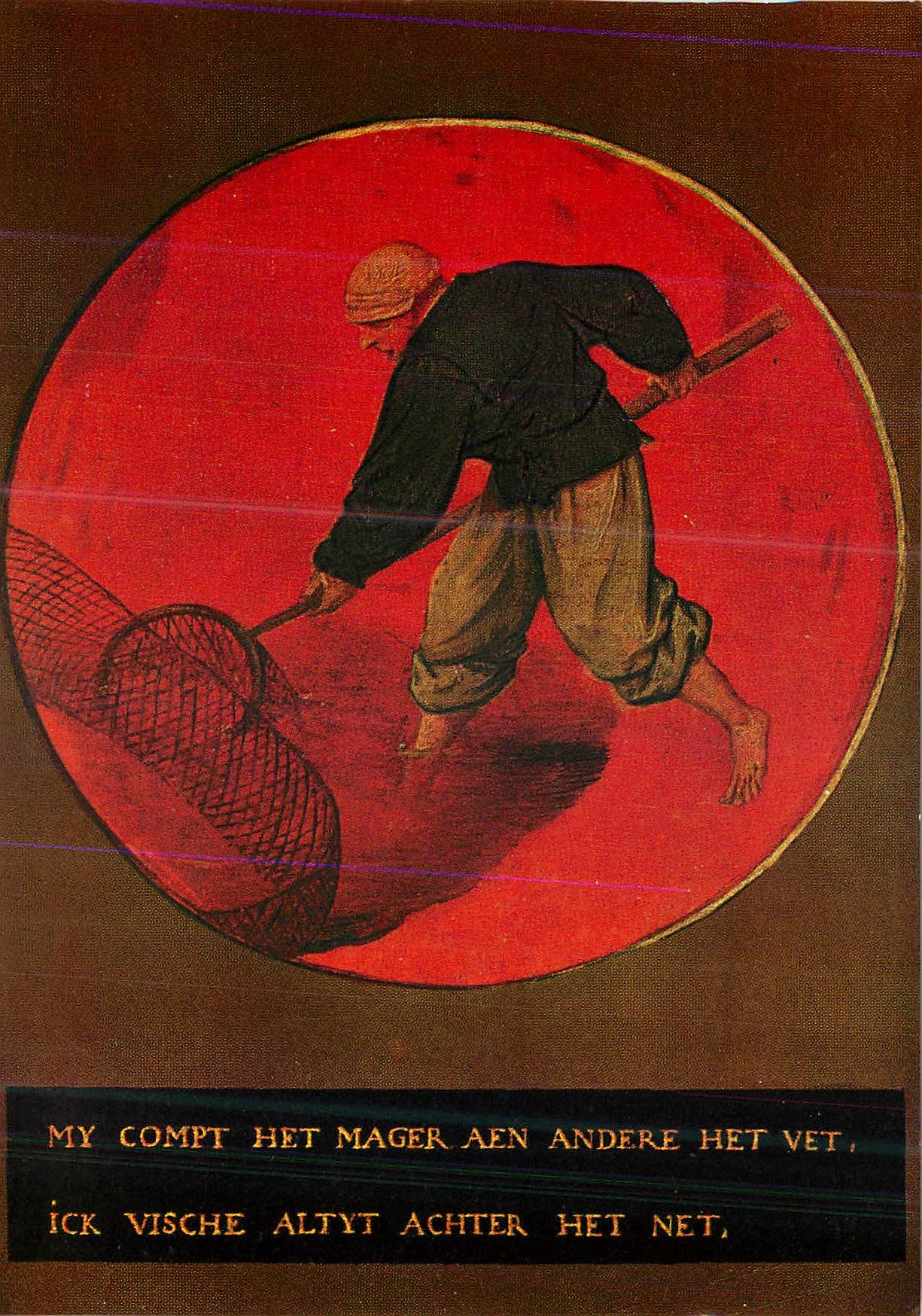 Pêcheur avec filet — Proverbe en flamand — Pieter Bruegel l'Ancien, détail d'une série de 12 proverbes sur médaillons
