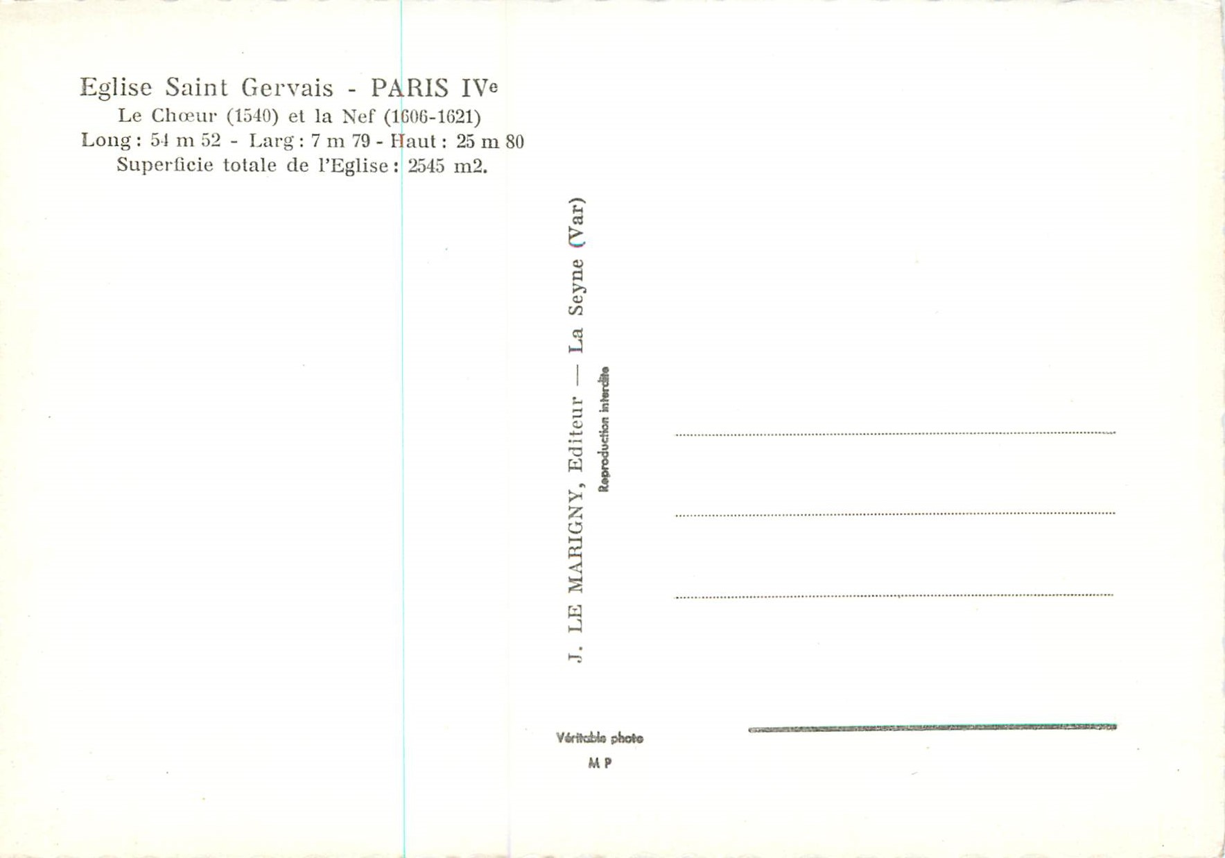 CPM Eglise Saint Gervais Paris IV le Choeur(1540) et la Nef (1606 1621) — Verso