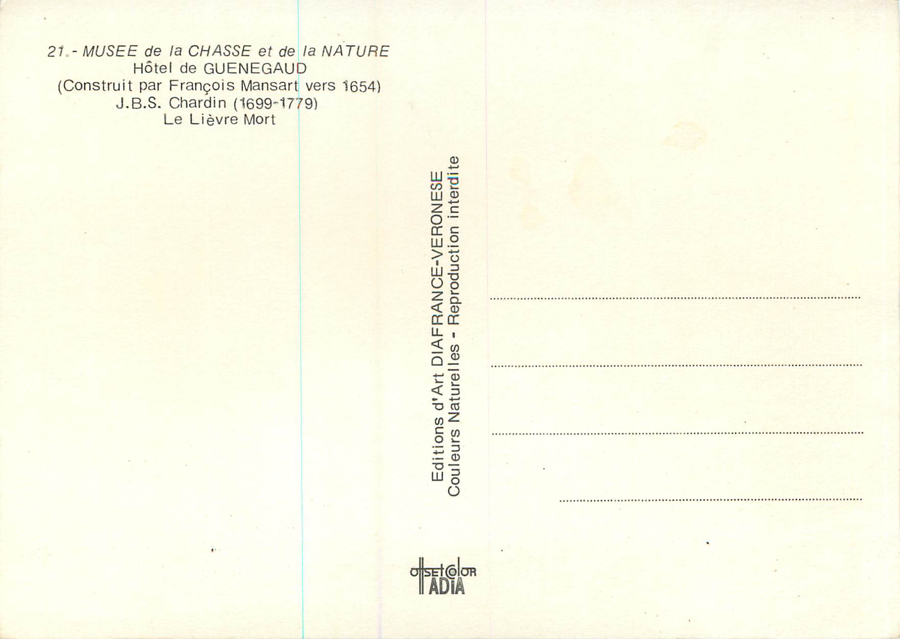 CPM Musee de la Chasse et de la Nature Hotel de Guenegaud (Construit par Fracois Mansart vers 1654) JBS Chardin (1699 17 — Verso