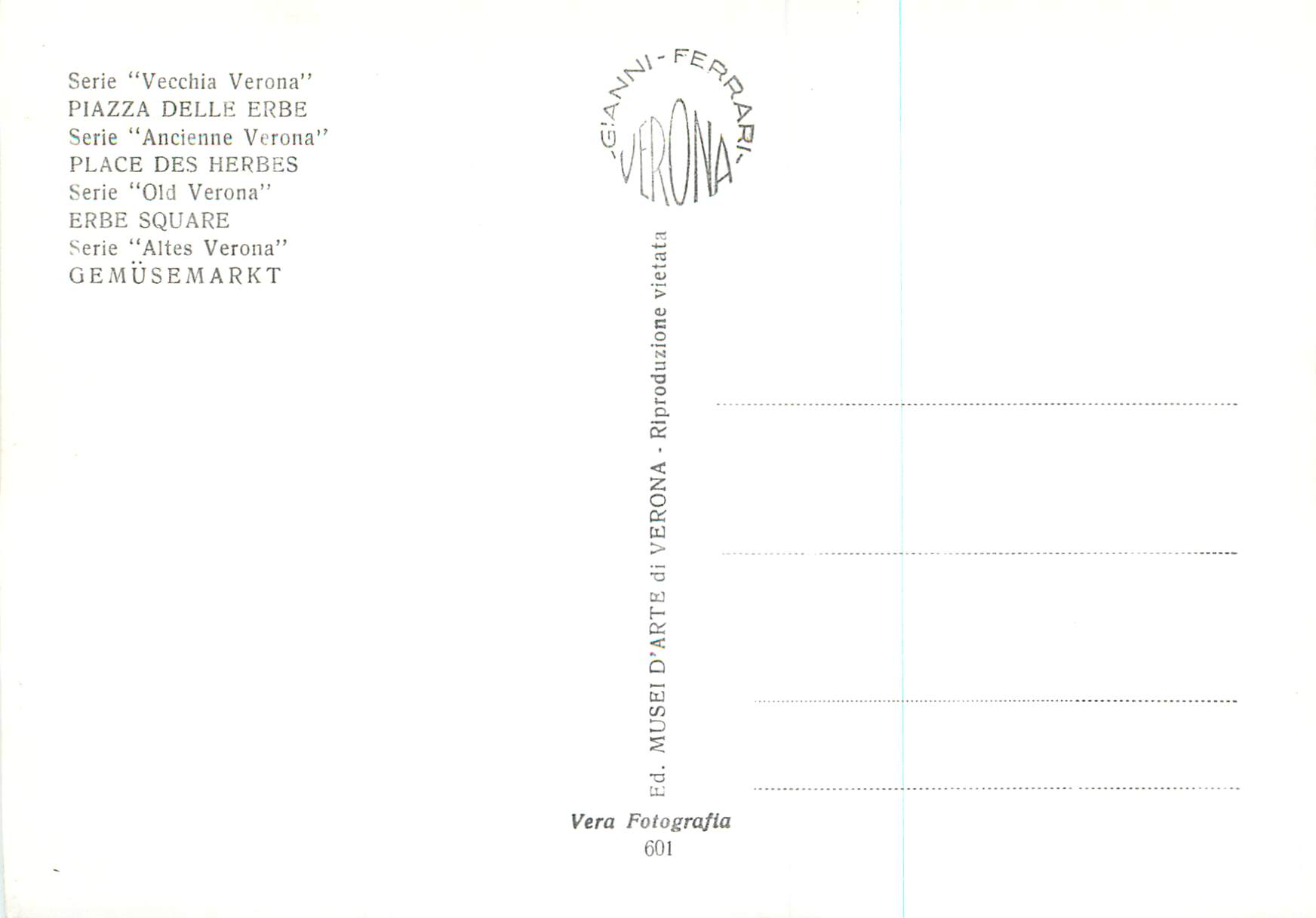 Piazza delle Erbe — Verona — Éd. Gianni Ferrarini, série 601 — Verso
