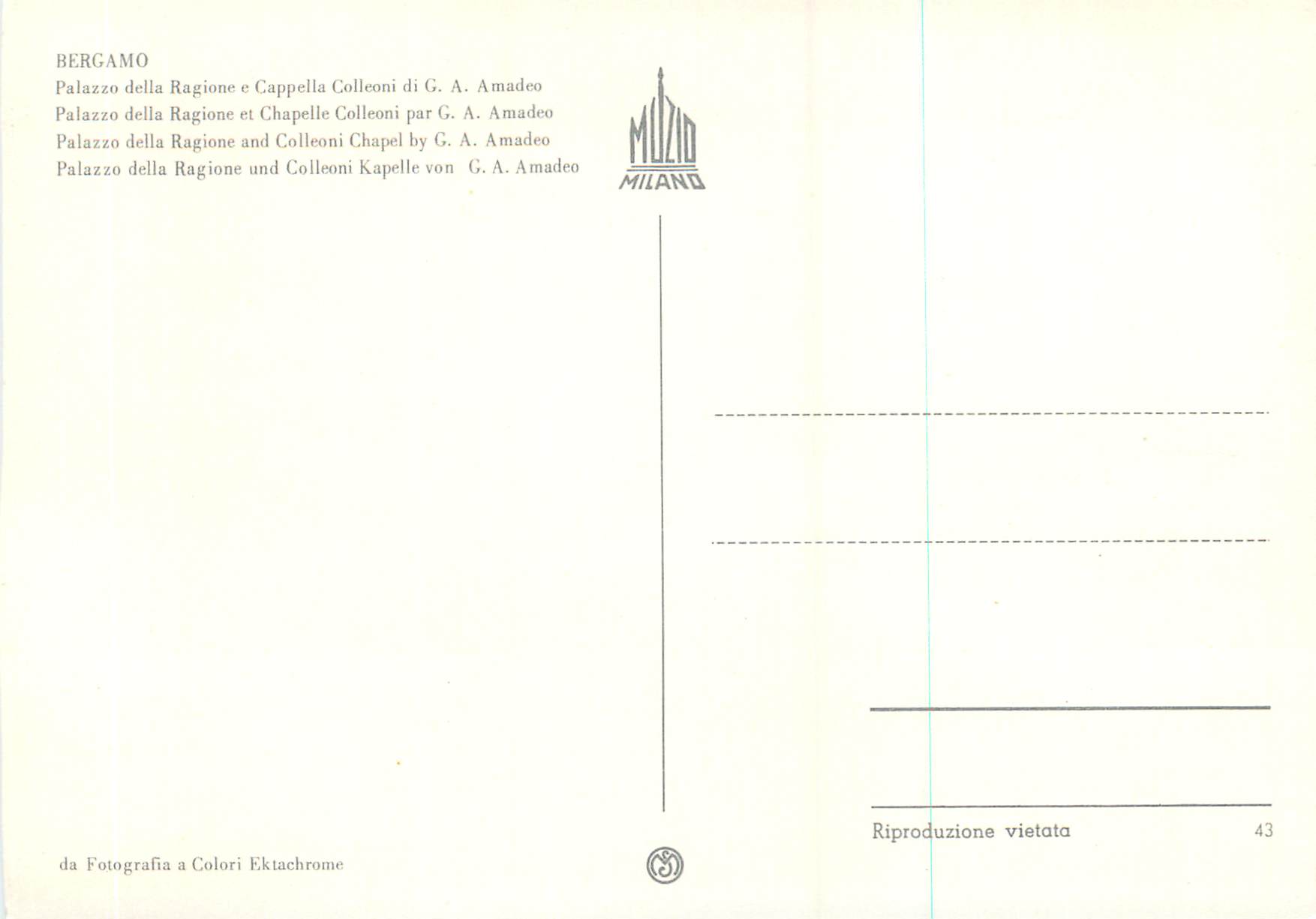 CPM Bergamo Palazzo della Regione et Chapelle Colleoni par G A Amadeo — Rückseite