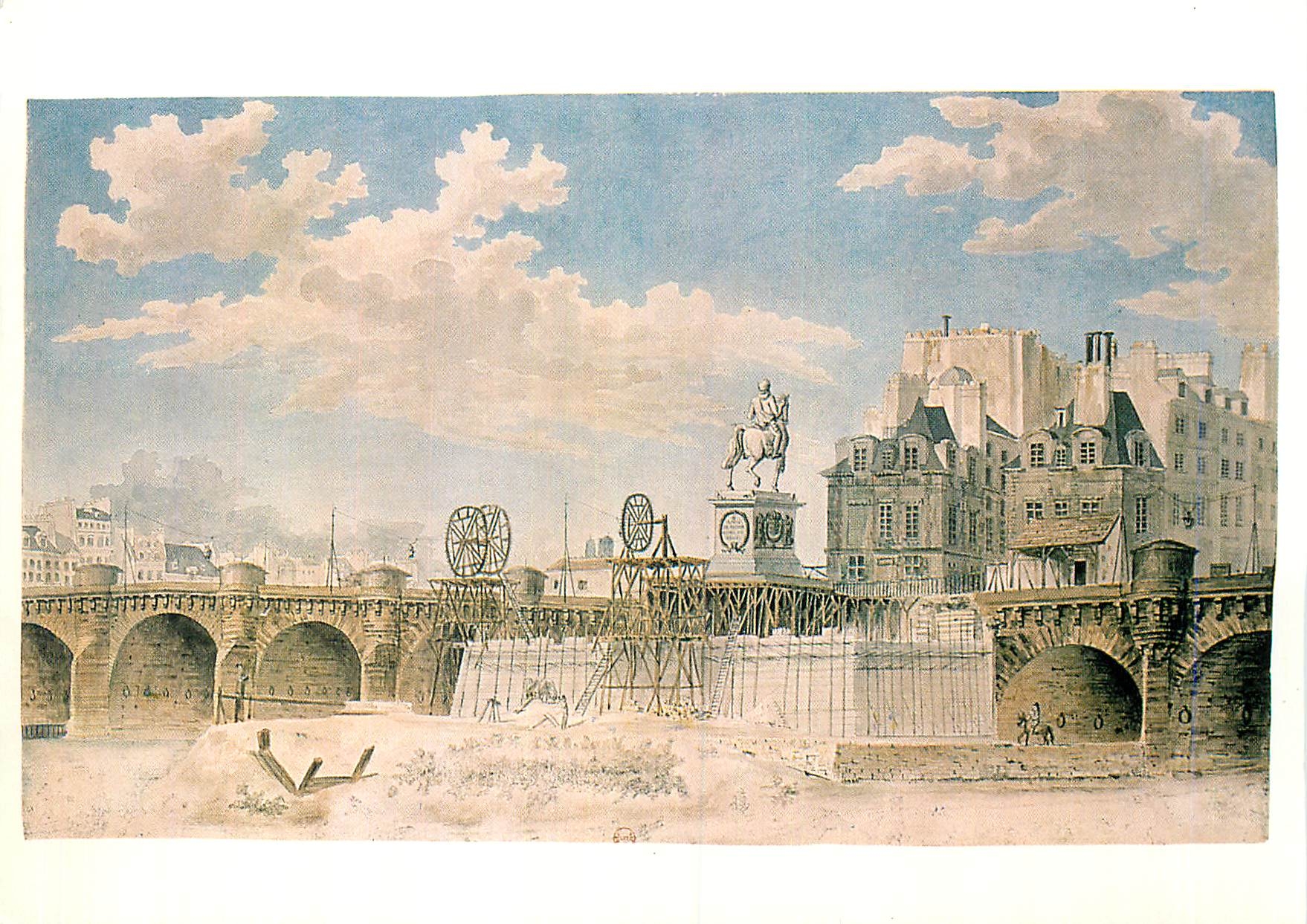 CPM Paris Bibliotheque Nationale Anonyme vers 1820 Etablissement de la nouvelle statue de Henri IV (Pont Neuf Aquarelle)