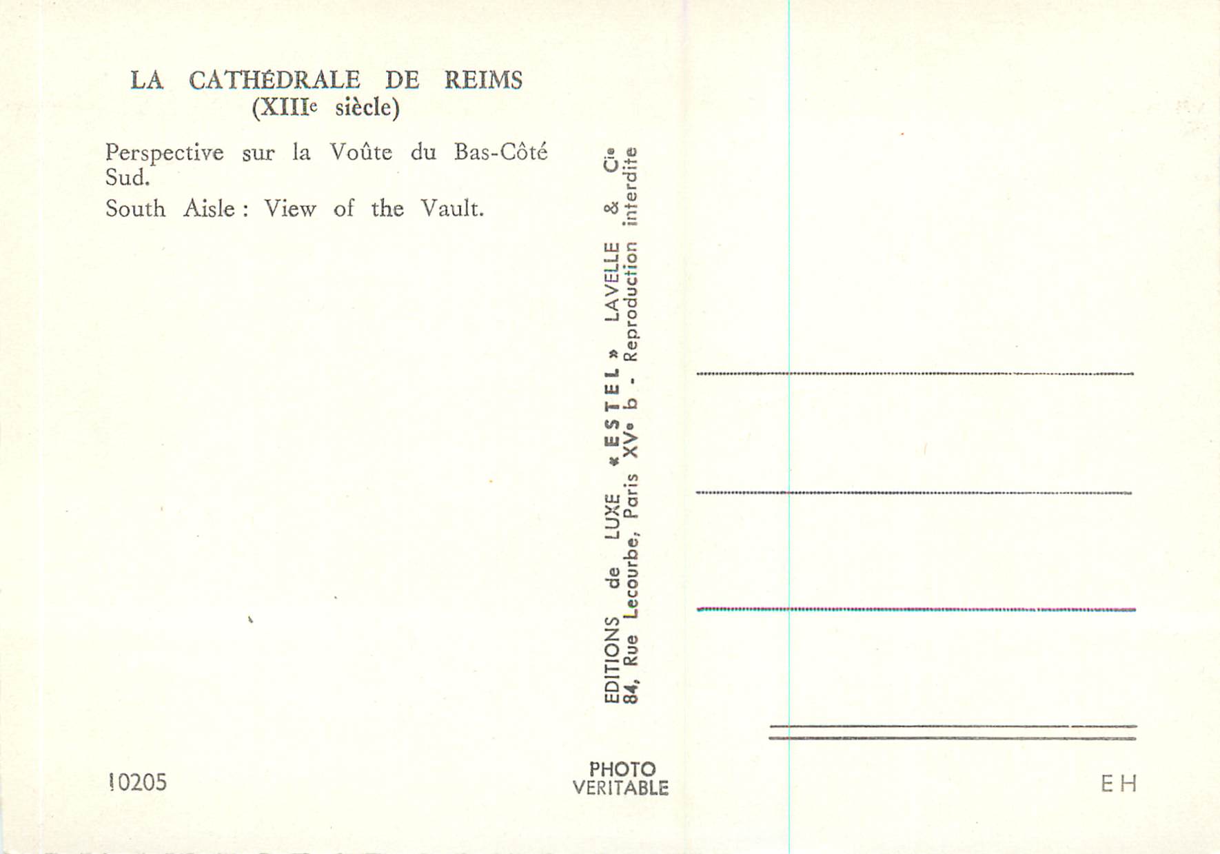 CPM La Cathedrale de Reims (XIIIe siecle) Perspecitve sur la Voute du Bas Cote Sud South Aisle View of the Vault — Rückseite