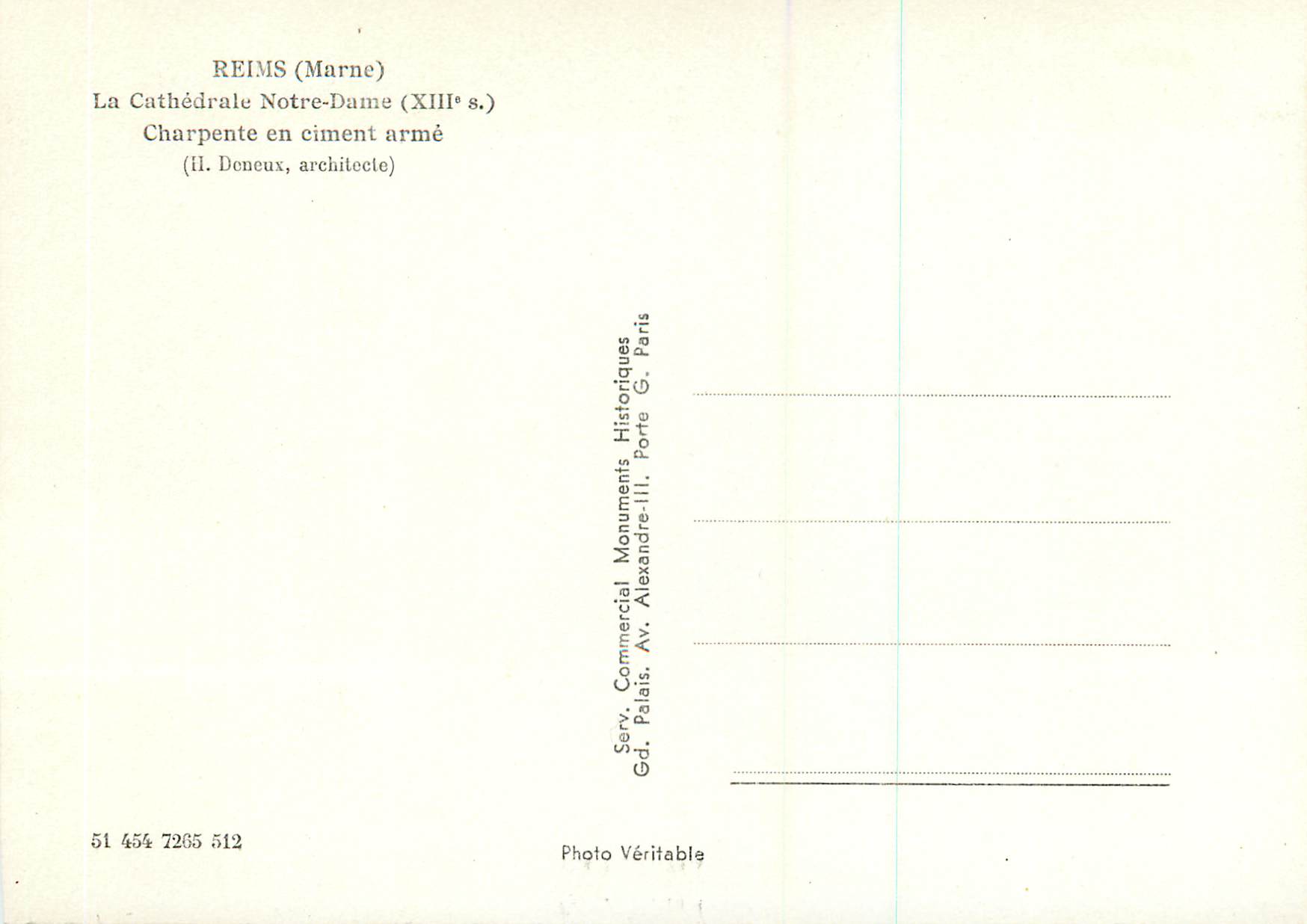 CPM Reims (Marne) Cathedrale Notre Dame (XIIIe s) Charpente en ciment arme (II Doneux architecte) — Rückseite