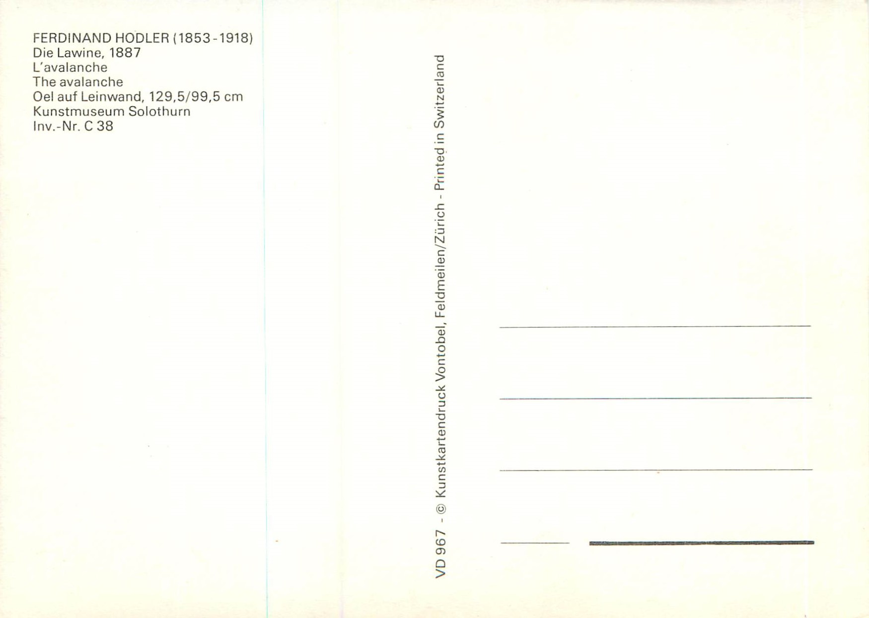 Die Lawine — Gemälde von Ferdinand Hodler — Ausgabe VD 967, Zürich — Rückseite