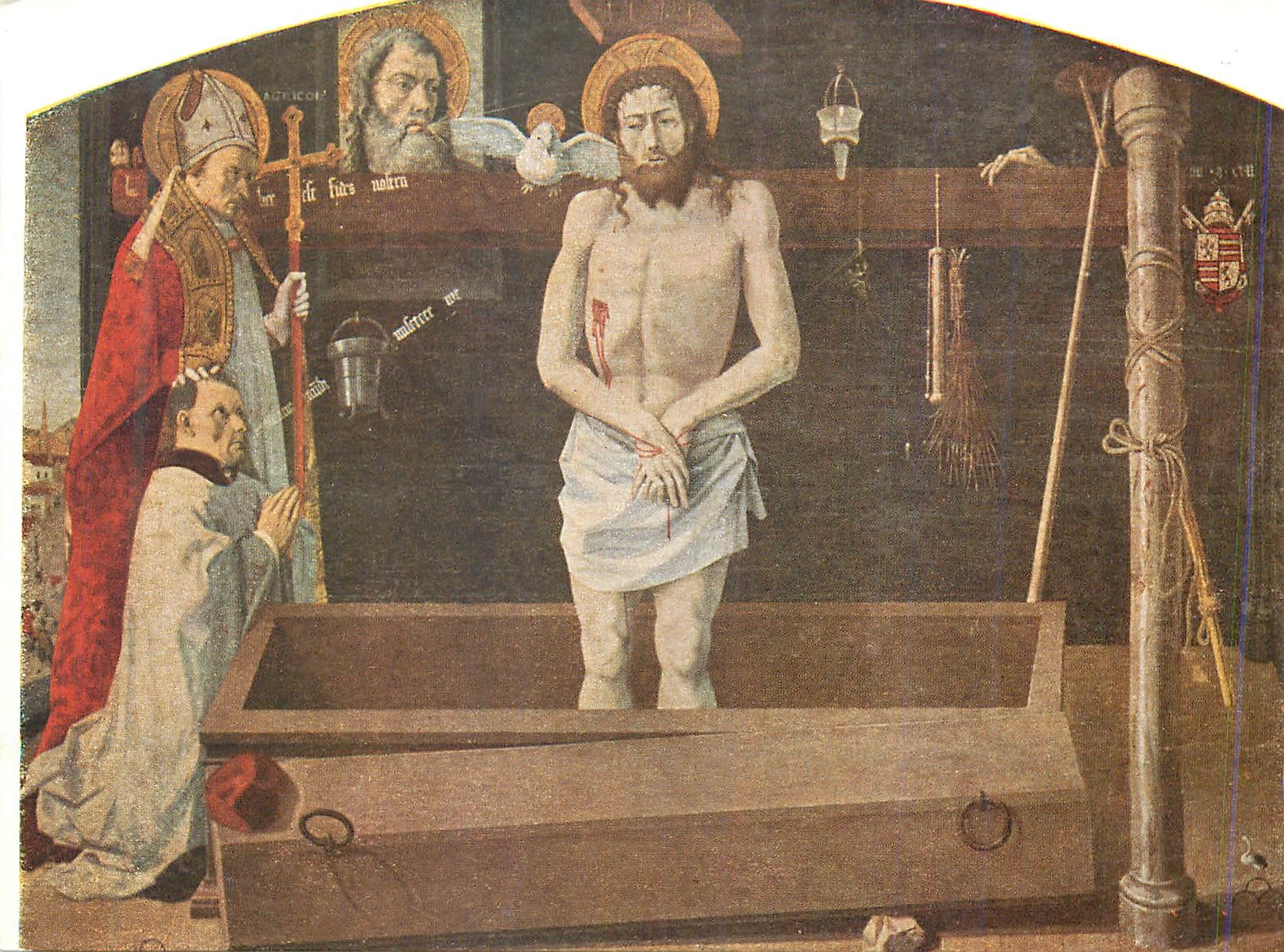 CPM Le Christ sortant sortant du tombeau un donateur et Saint Agricole fin du XVe siecle