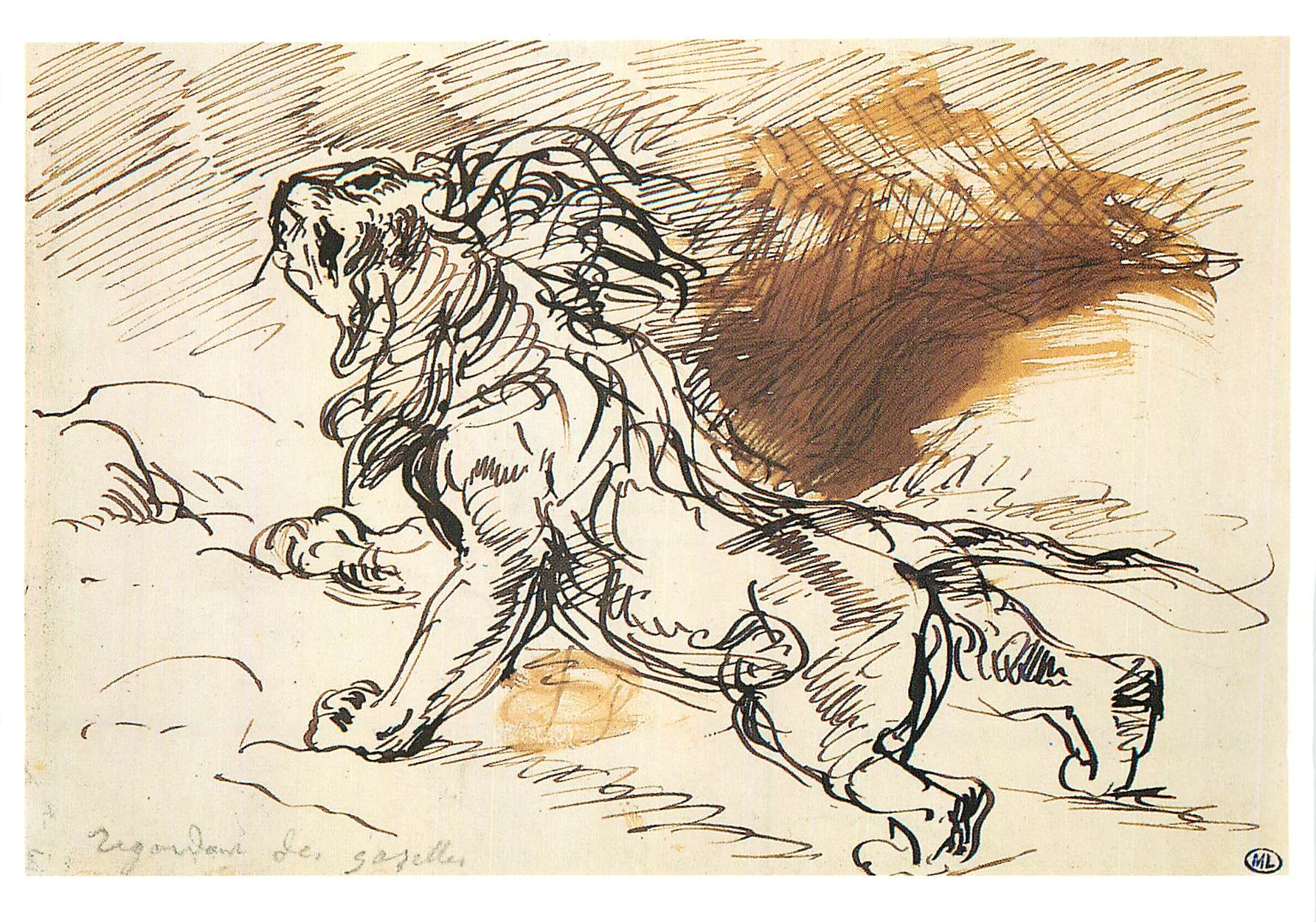 CPA Eugene Delacroix (1798 1863) Lion tourne vers la gauche la tete levee 1854 Plume et encre brune lavis brun