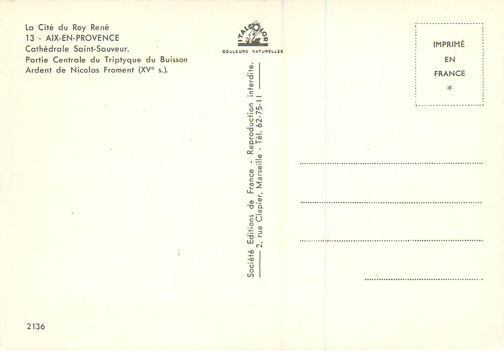CPM Aix en Provence Cathedrale Saint Sauveur Partie Centrale du Triptyque du Buisson Ardent de Nicolas Forment (XVe s) L — Rückseite