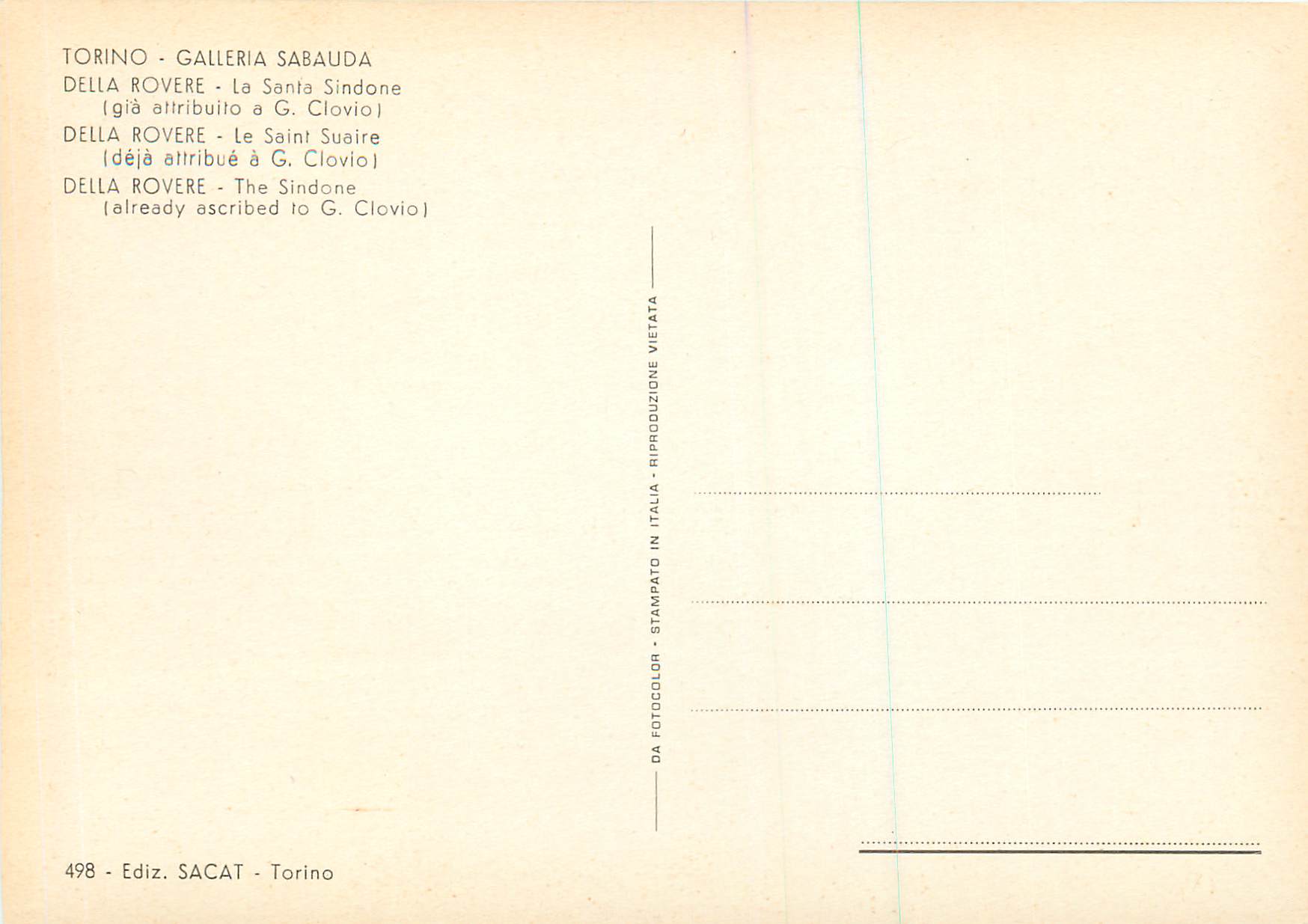 CPM Torino Galleria Sabauda Della Rovere Le Saint Suaire (deja attribue a G Clavio) — Rückseite