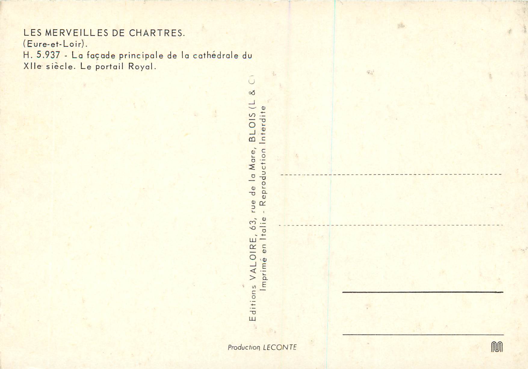 CPM Les Merveilles de Chartres (Eure et Loir) La facade principale de la cathedrale du XIIe siecle Le Portail Royal — Verso