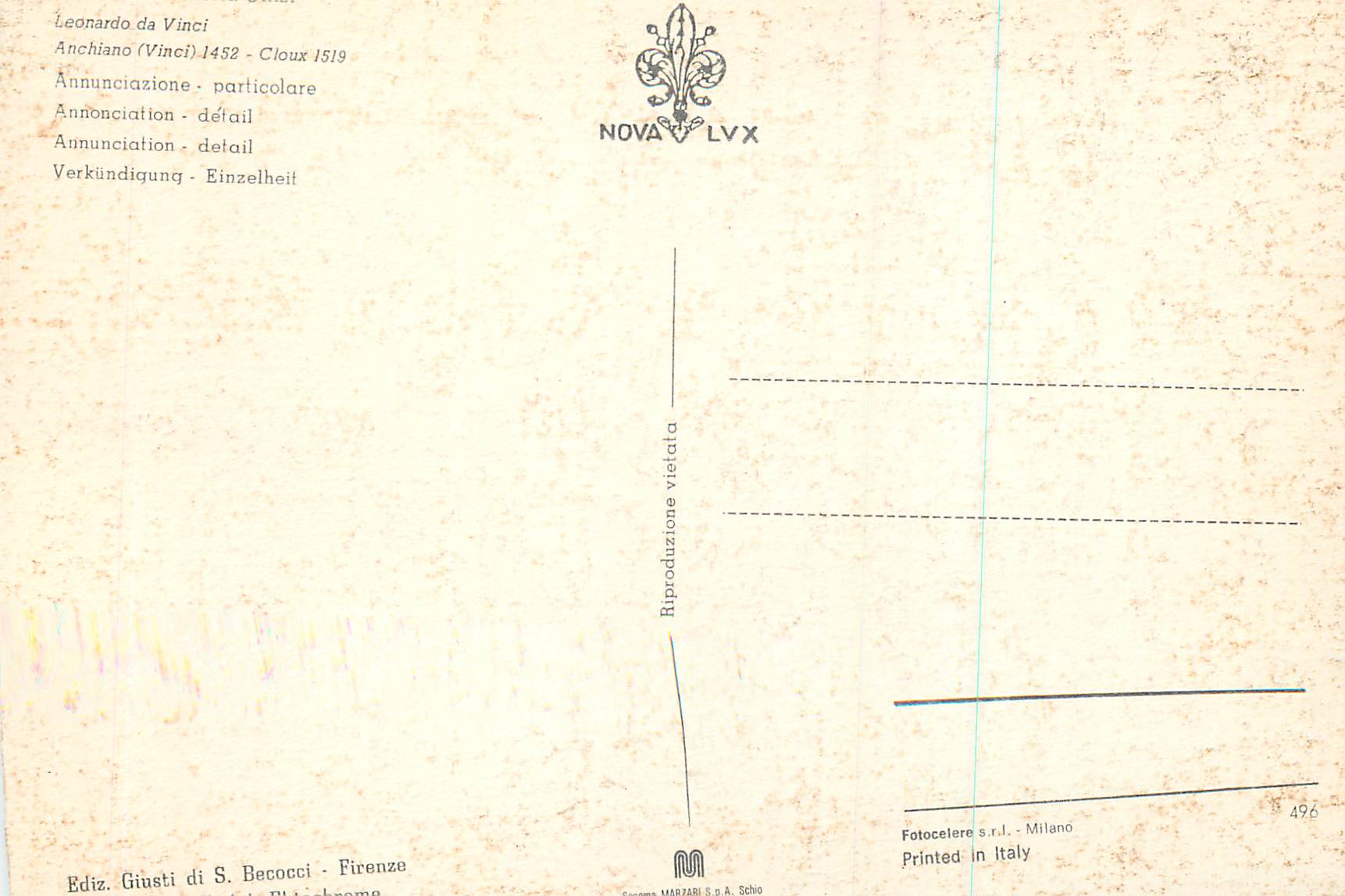 CPM Leonardo da Vinci Anchiano Vinci 1452 Cloux 1519 Annociation Detail — Rückseite