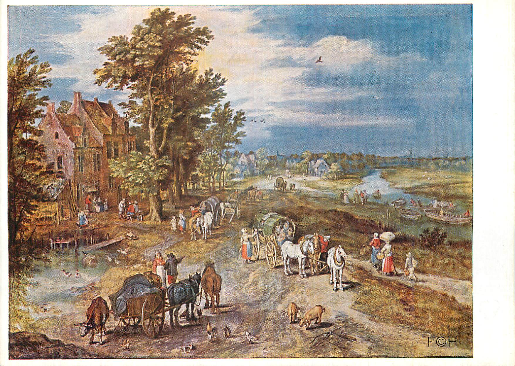 Paysage avec auberge — Brueghel d. 1568-1625 — imprimé par Franz Hanfstaengl à Munich
