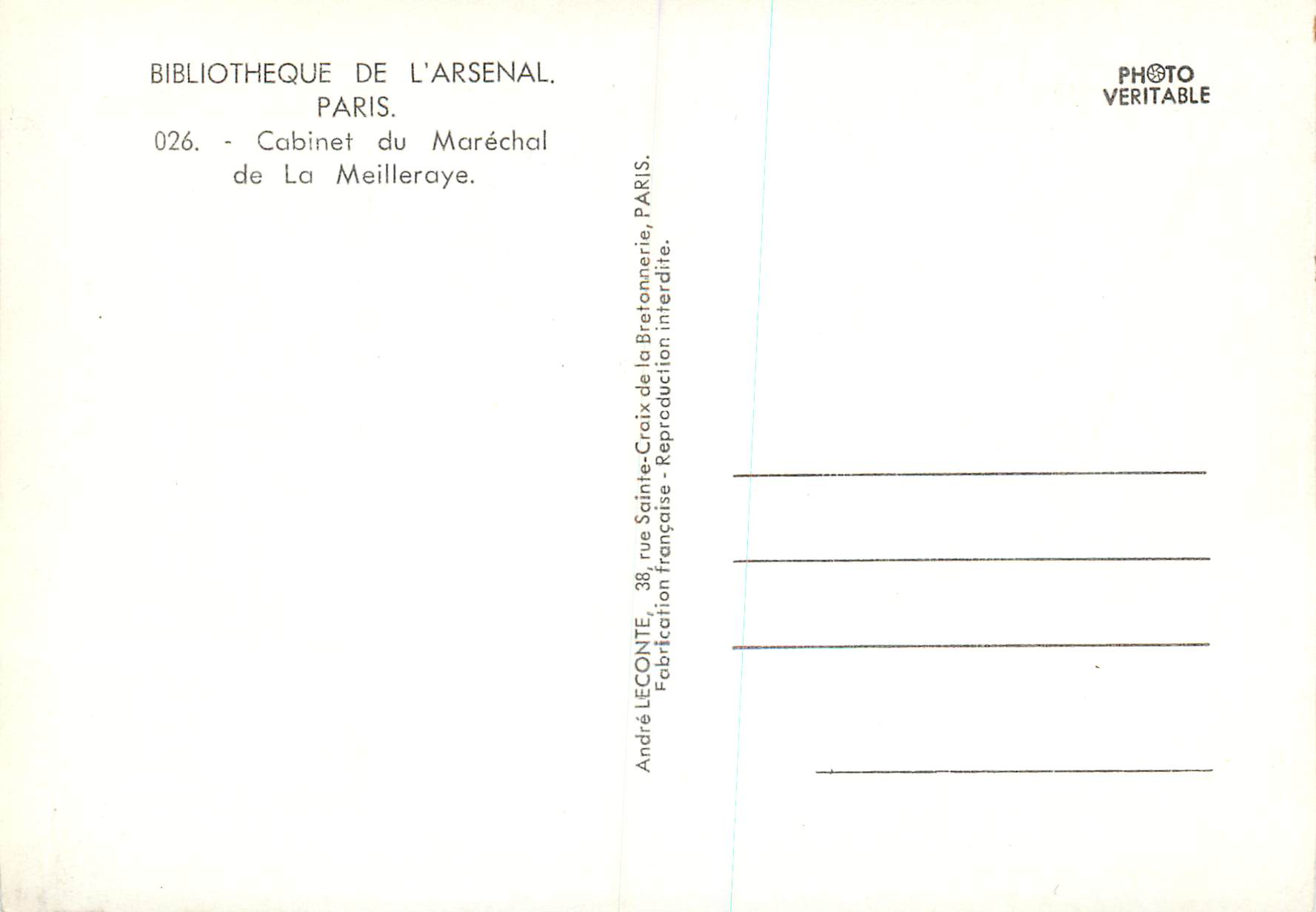 CPM Bibliotheque de L'Arsenal Paris Cabinet du Marechal de La Meilleraye — Rückseite