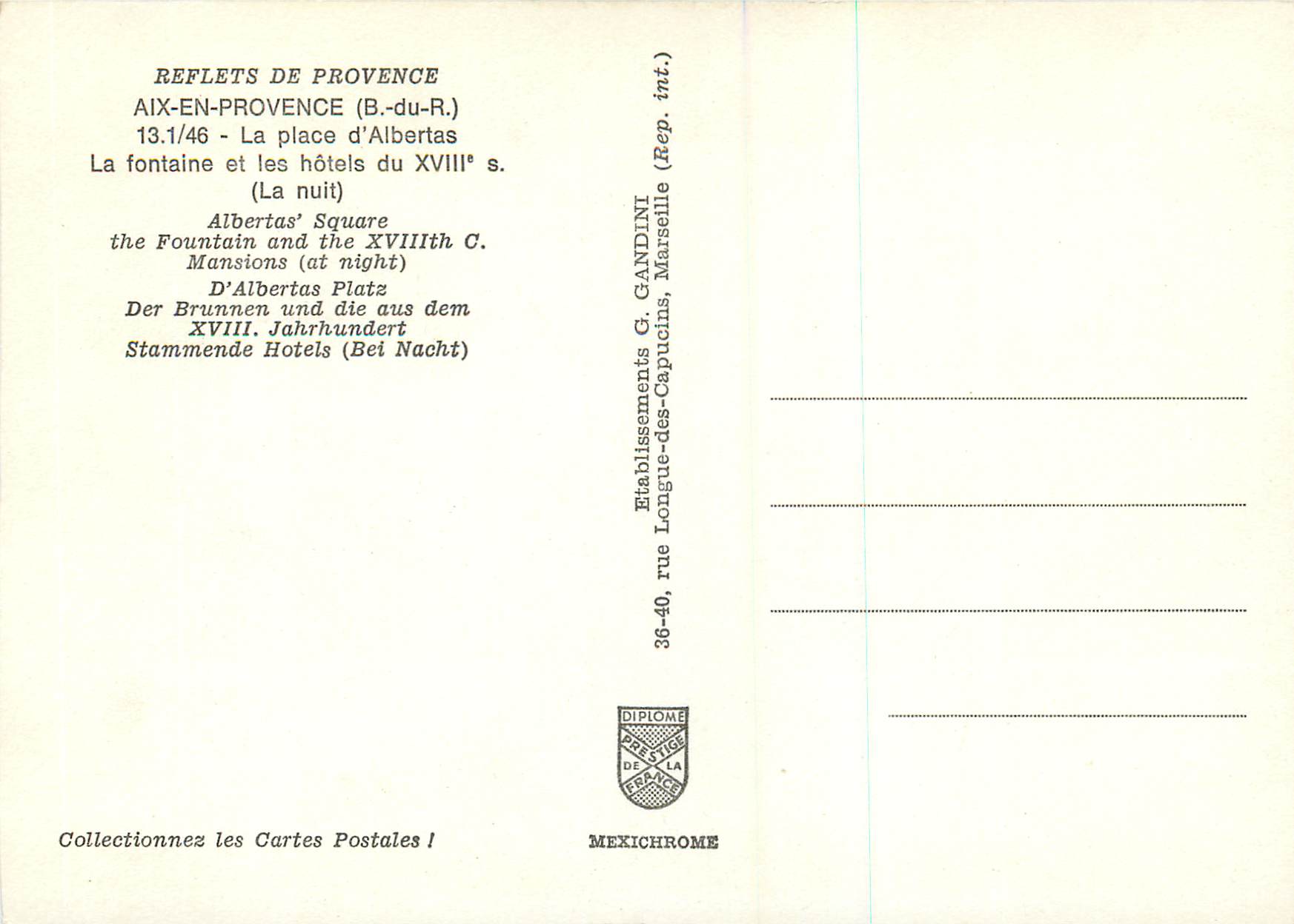 CPM Aix en Provence (B du R) La place d'Albertas La fontaine et les hotels du XVIIe s (La nuit)  — Verso