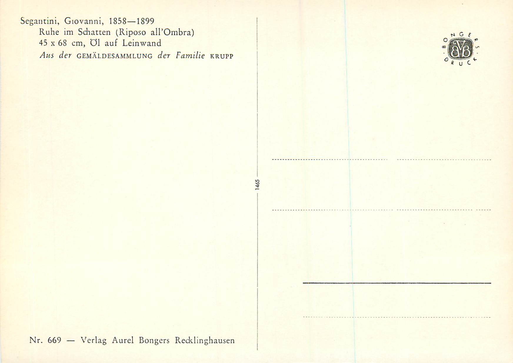 CPM Segantini Giovanni 1858v1899 Ruhe im Schatten (Riposo all'Ombra) — Rückseite