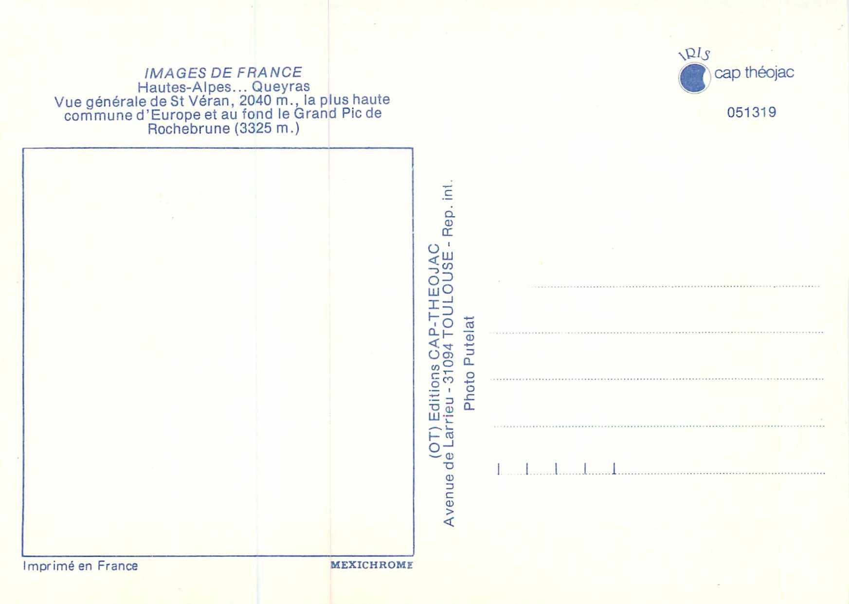 St-Véran — vue générale — Éditions CAP-THÉOJAC — Verso