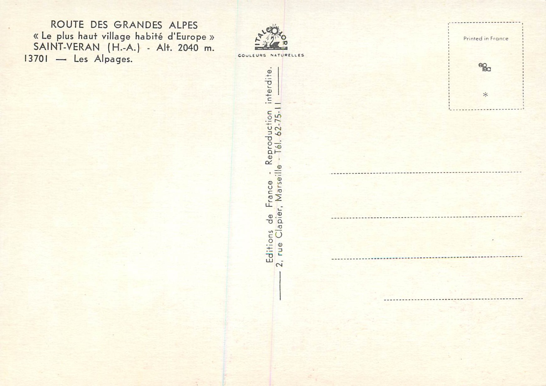 Saint-Veran — Le plus haut village habité d'Europe — Éditions de France Clapier — Rückseite