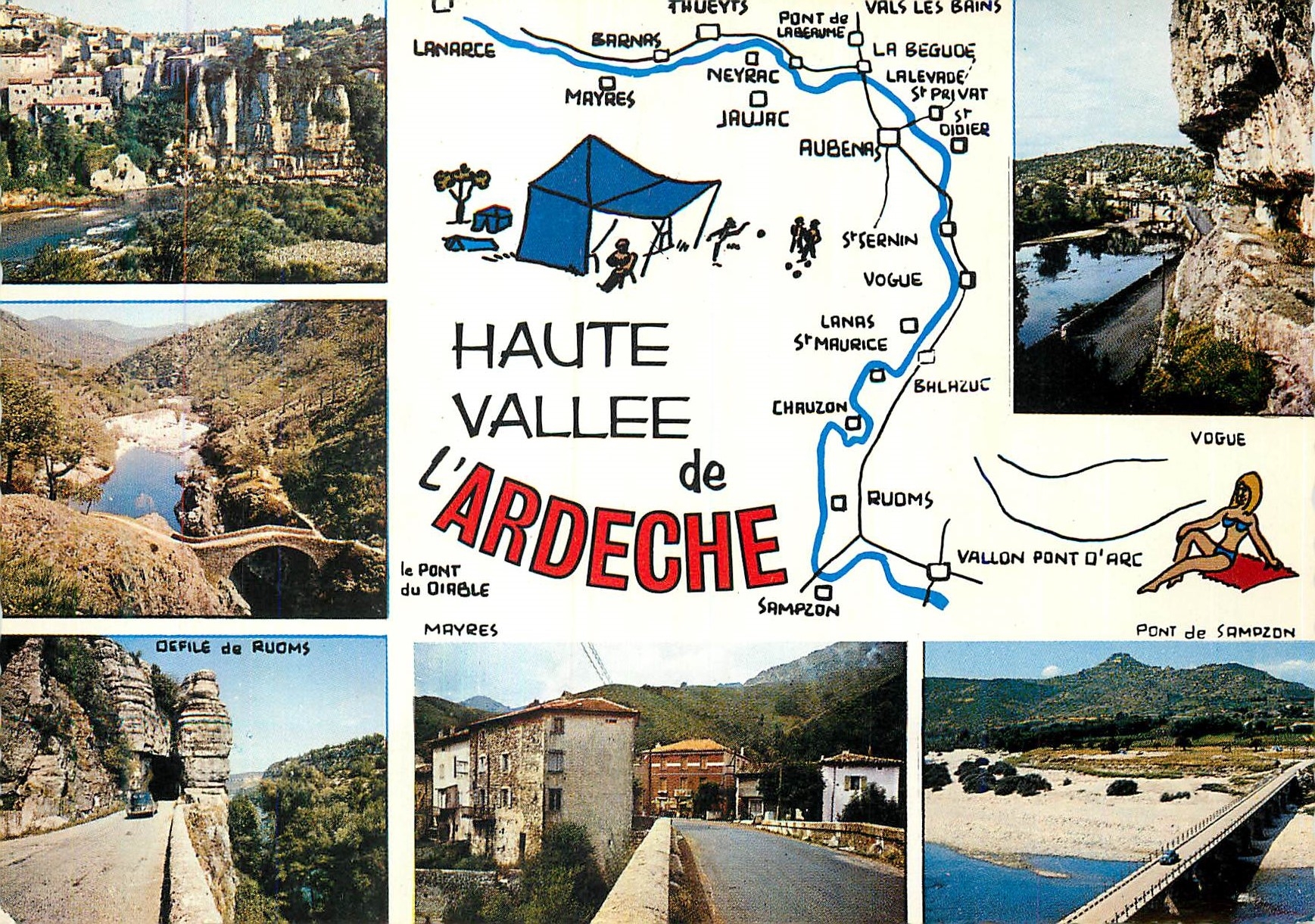 Haute Vallée de l'Ardeche — Carte postale illustrée avec carte routière et photos de paysages — Éditions J. Ollard, Bron