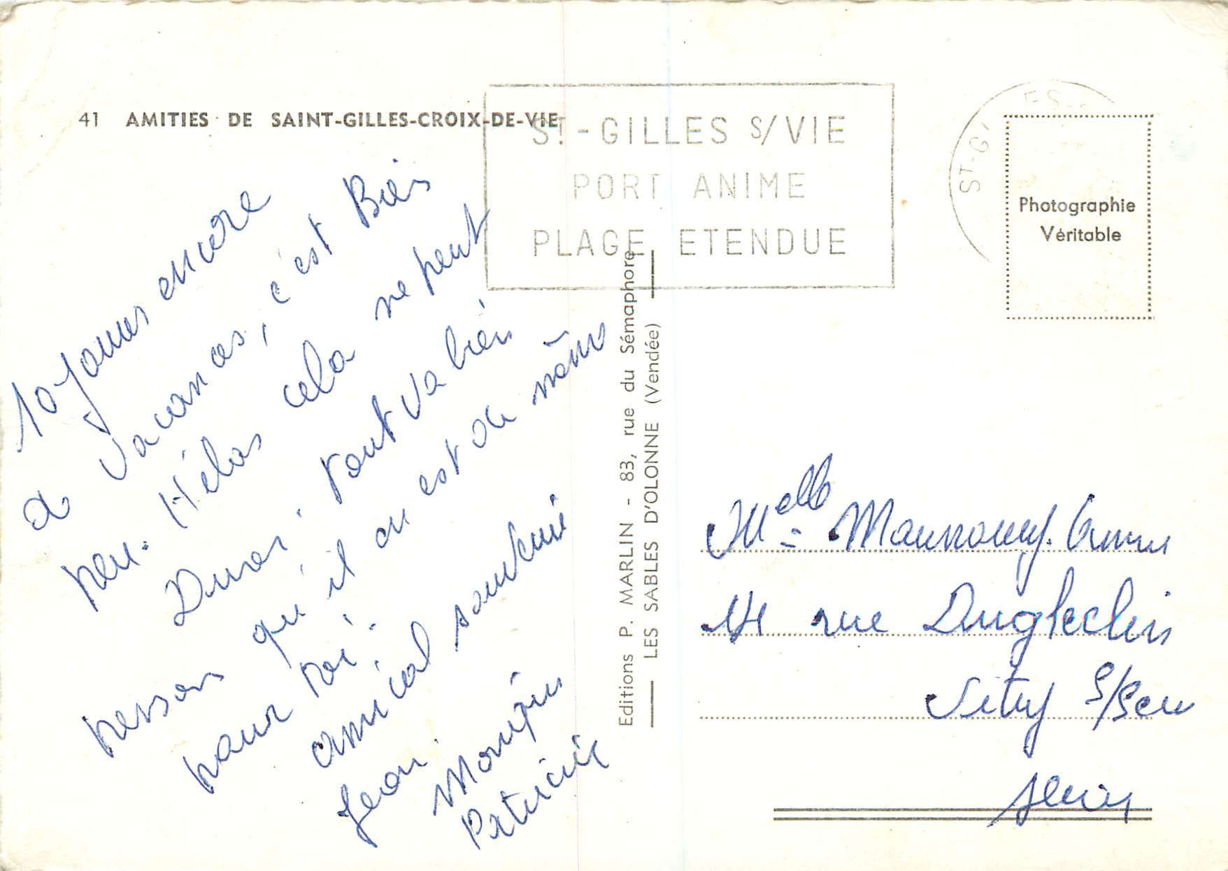 CPM Amities de Saint Gilles Croix de Vie — Verso