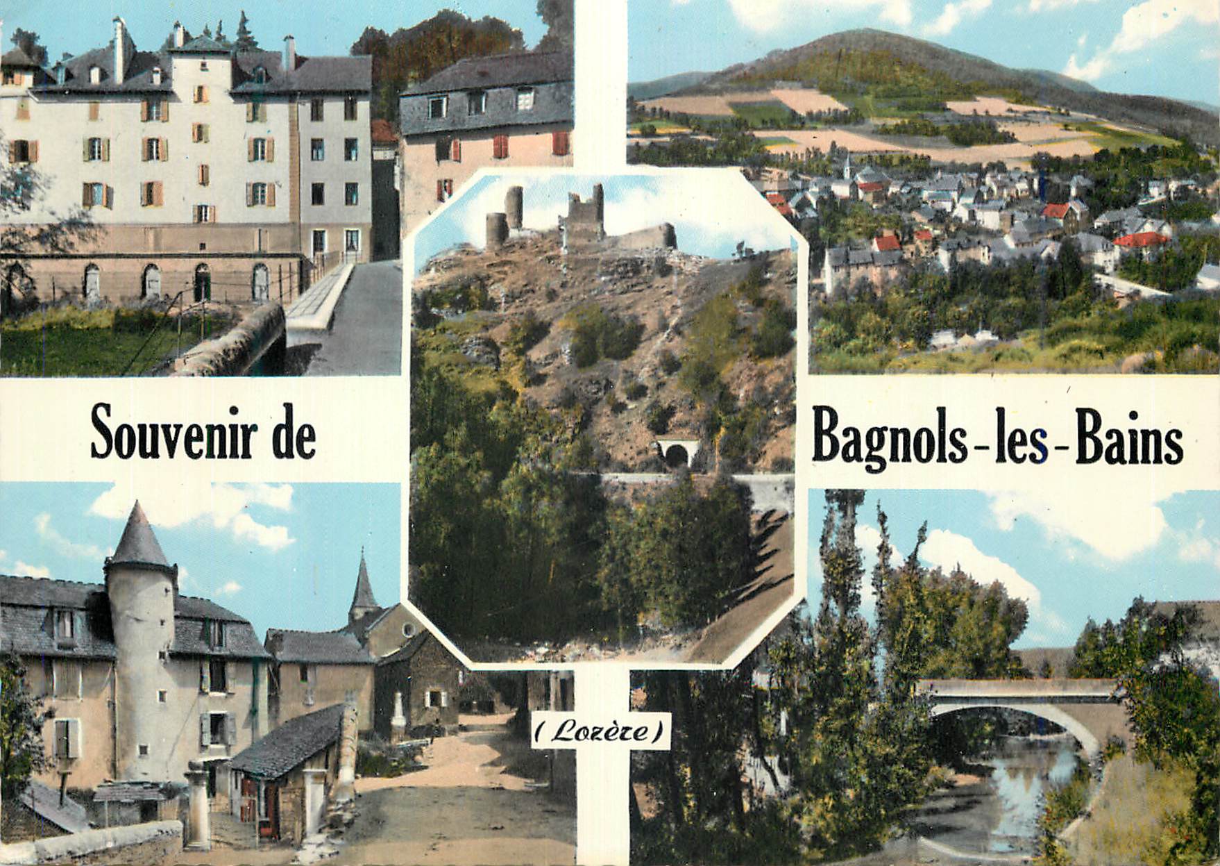 Bagnols-les-Bains (Lozère) — Souvenir de — vue panoramique avec château, pont et village — éditeur imprimeur MACON