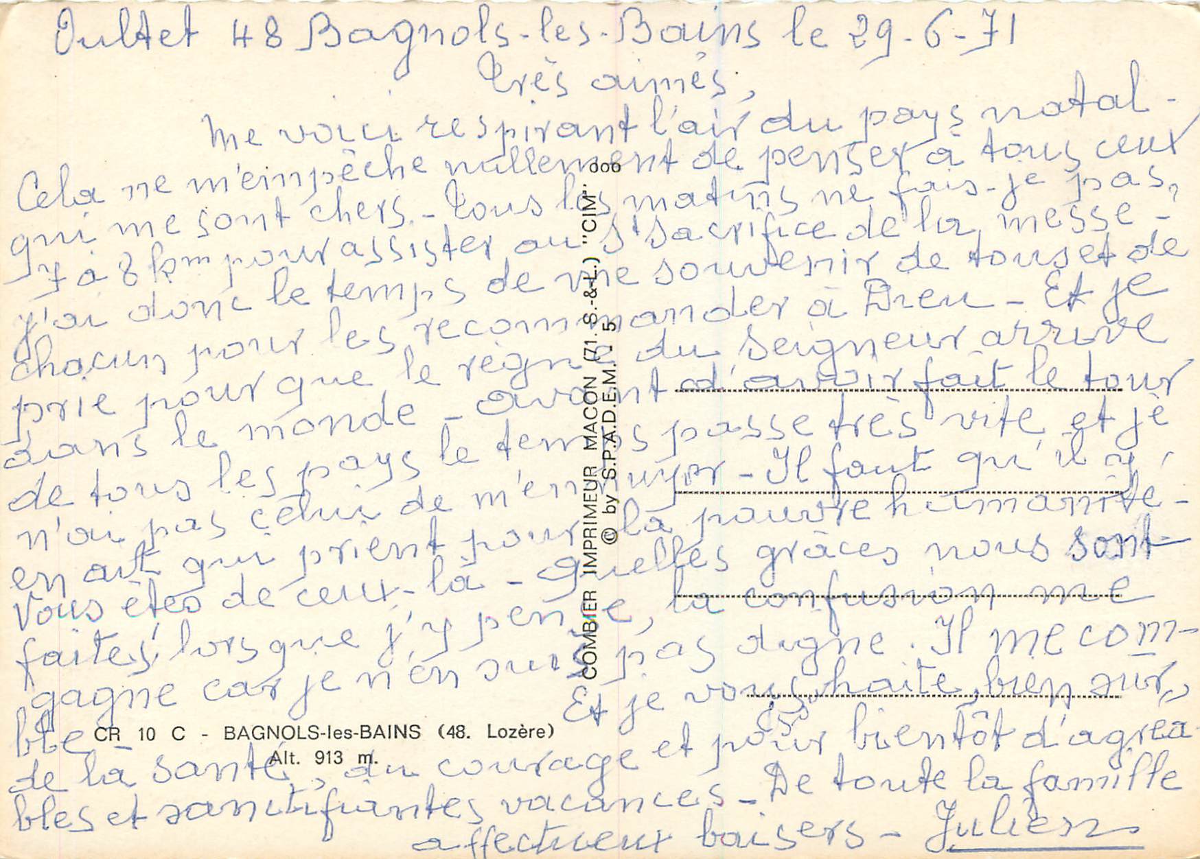 Bagnols-les-Bains (Lozère) — Souvenir de — vue panoramique avec château, pont et village — éditeur imprimeur MACON — Verso