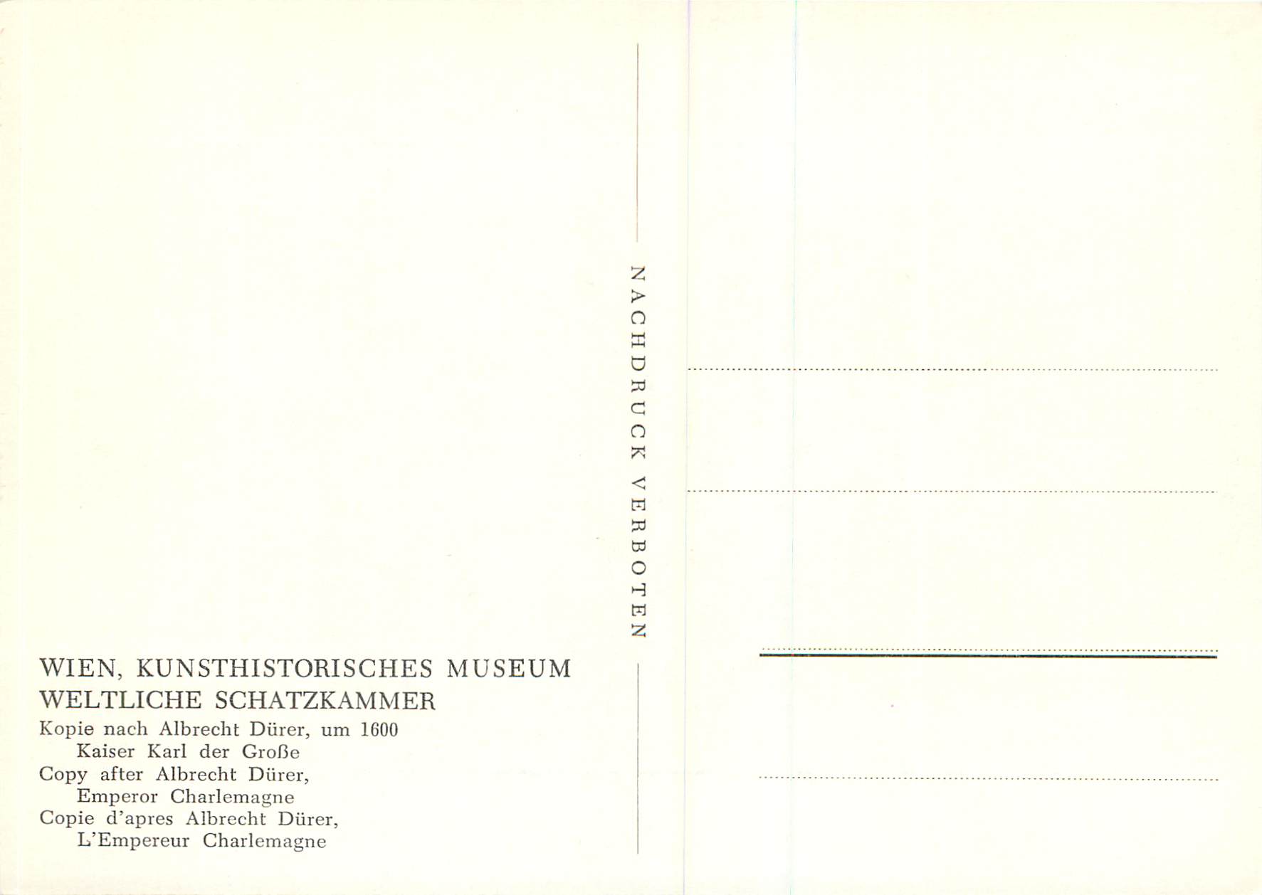 CPM Wien Kunsthistorisches Museum Copie d'apres Albercht Durer L'Empereur Charlemange — Rückseite