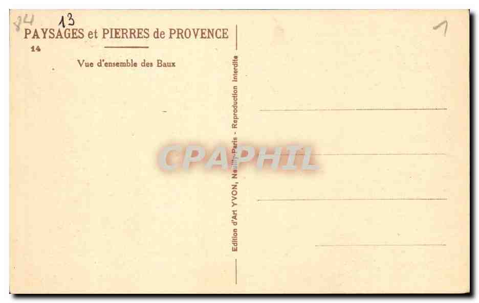 Vue d'ensemble des Baux — Paysages et Pierres de Provence — Édition d'Art YVON, Paris — Verso