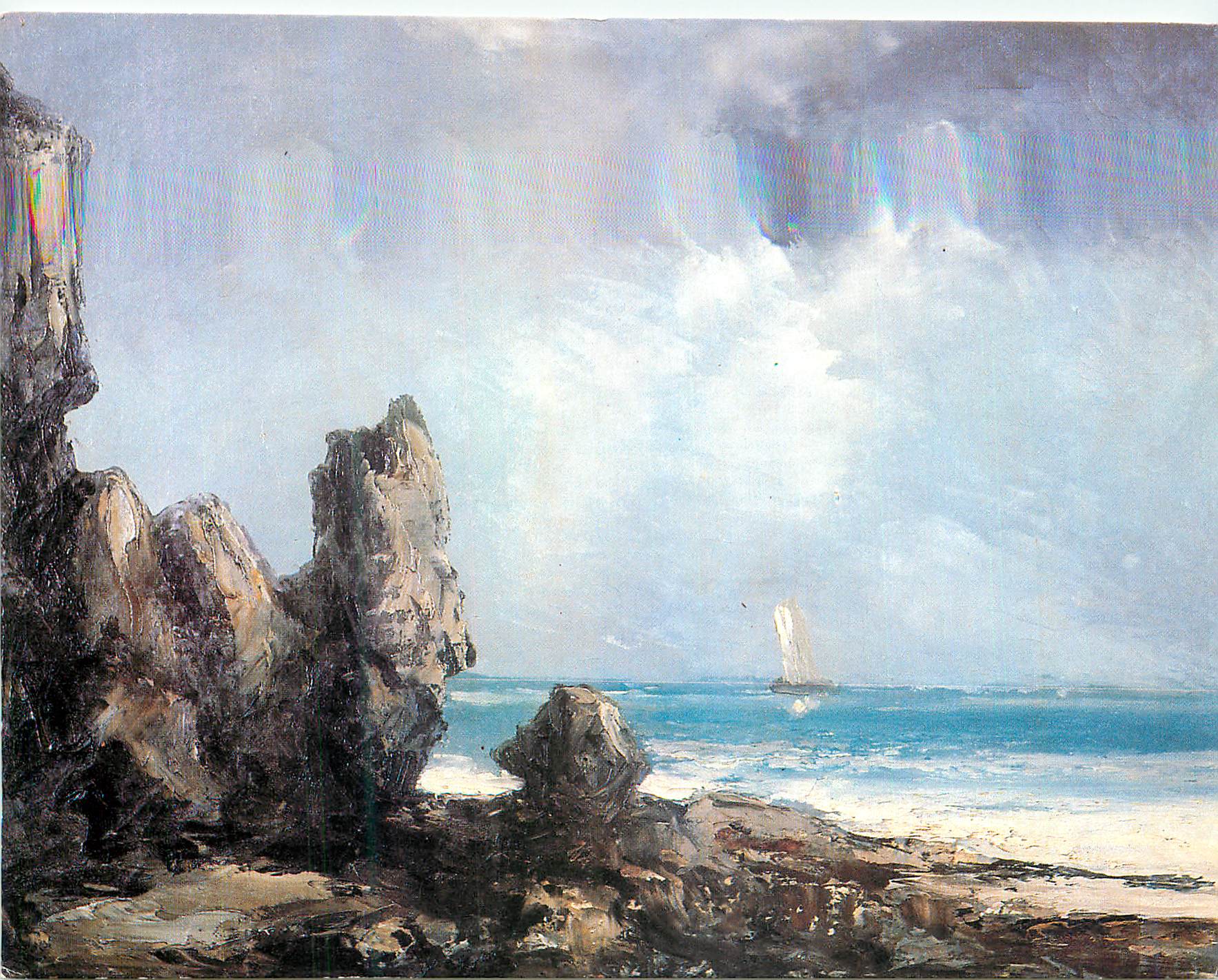 Côte rocheuse avec voile — peinture à l'huile — sans éditeur ni numéro visible