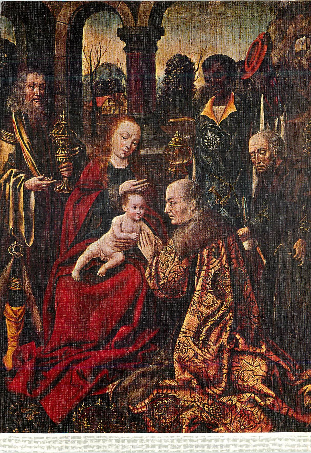 Vierge à l'Enfant entourée de saints — reproduction d'une peinture ancienne — éditeur non identifiable