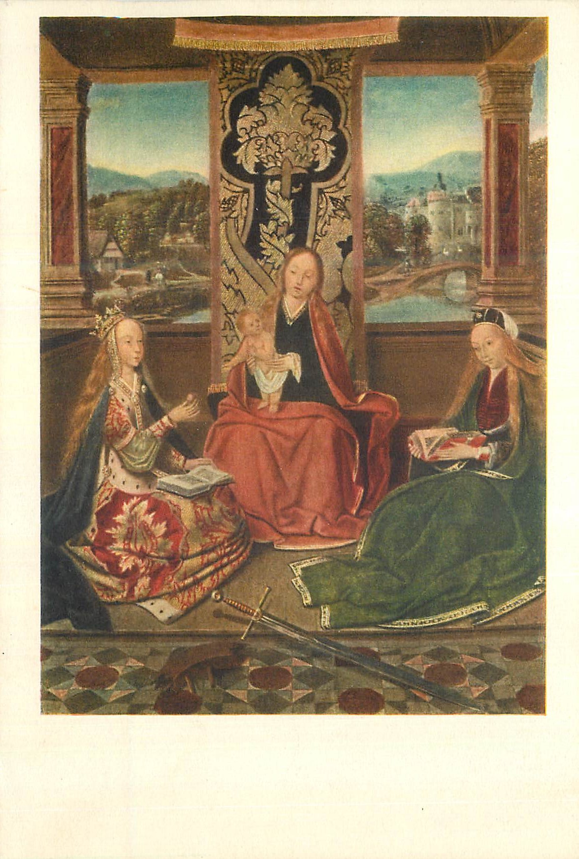 La Vierge à l'Enfant entourée de deux dames — reproduction d'une peinture médiévale — éditeur non identifiable